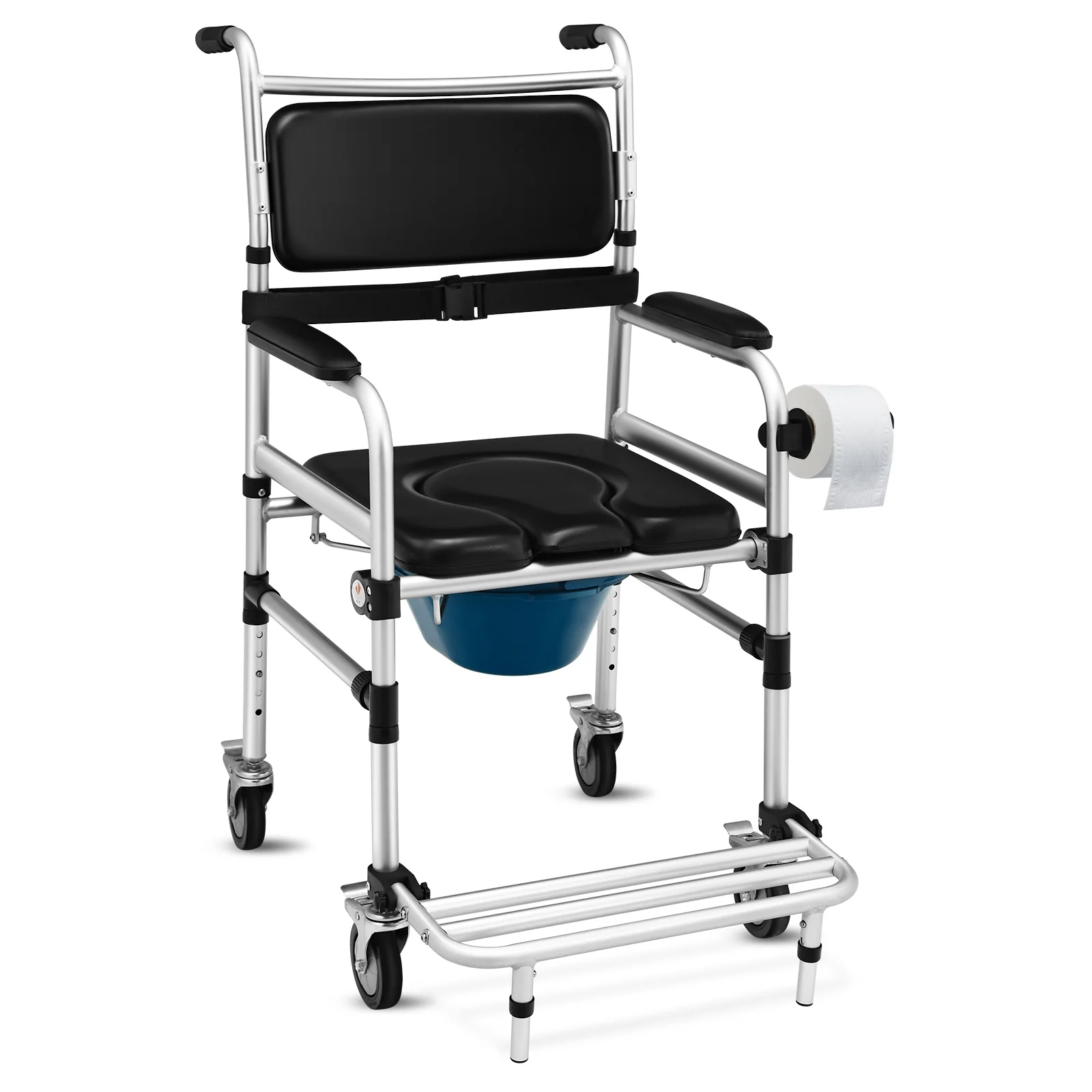 Aluminum Commode Shower Wheelchair, Locking Casters, Black - Image 4