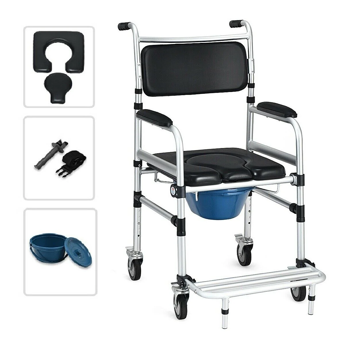 Aluminum Commode Shower Wheelchair, Locking Casters, Black - Image 5