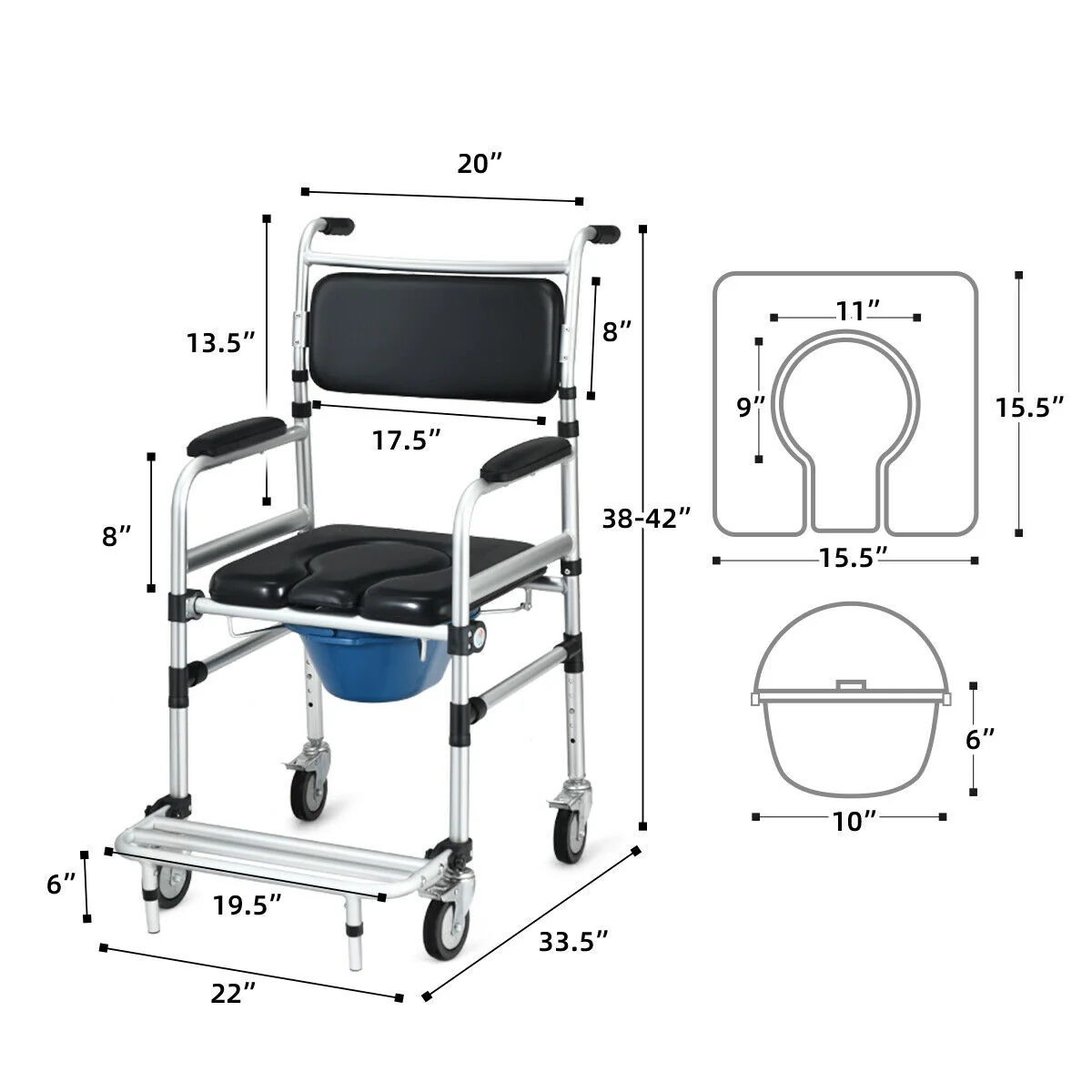 Aluminum Commode Shower Wheelchair, Locking Casters, Black - Image 6