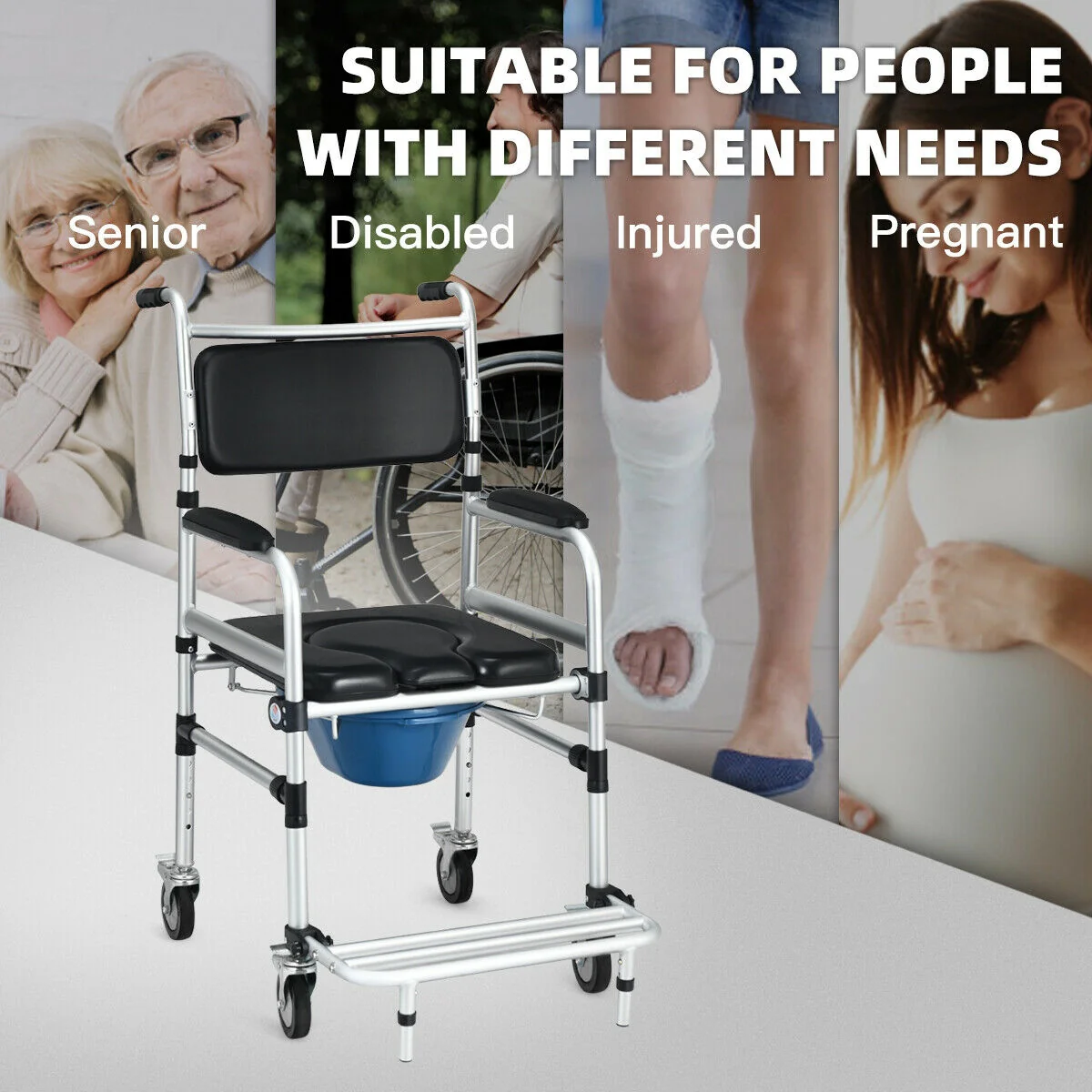 Aluminum Commode Shower Wheelchair, Locking Casters, Black - Image 8