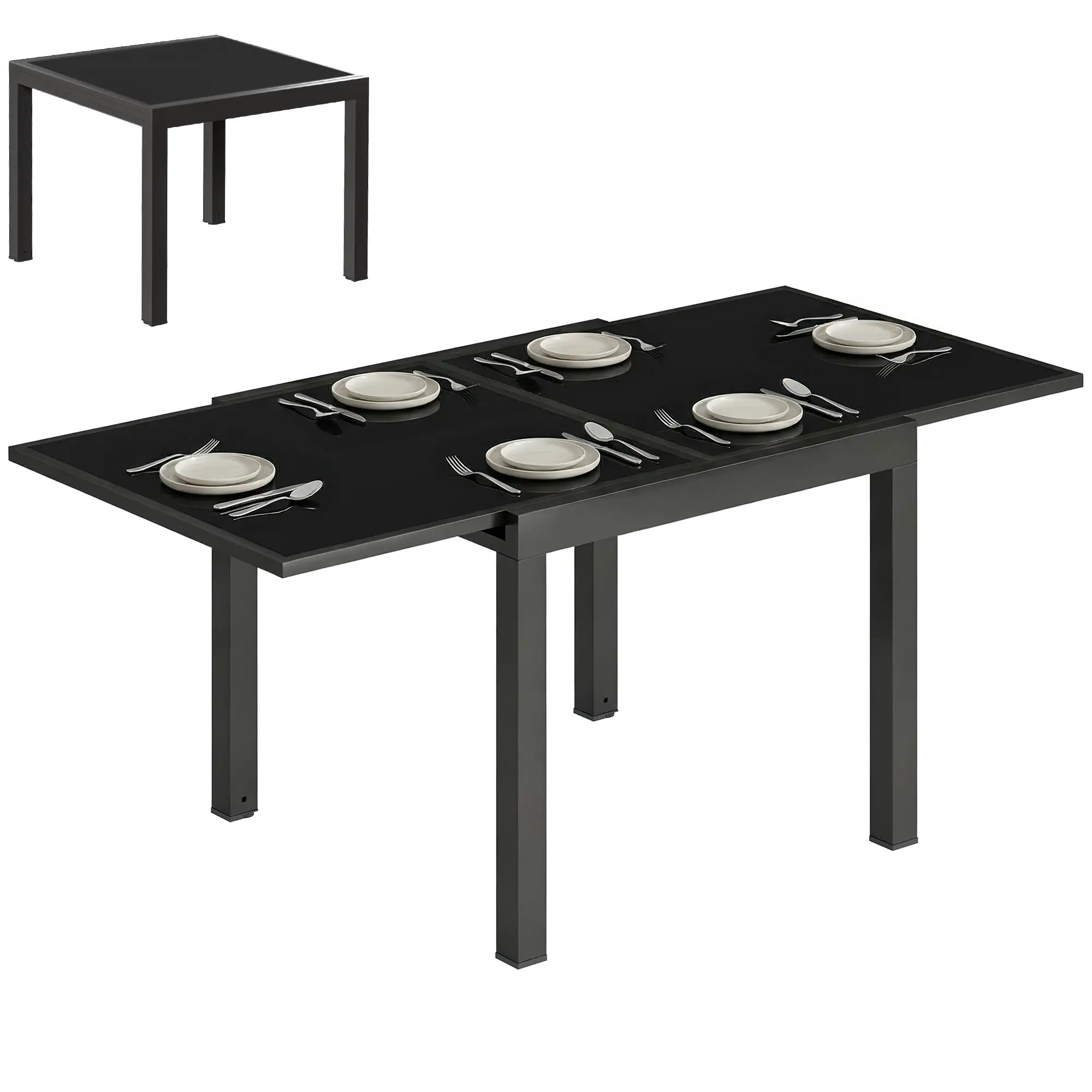 Aluminum Expandable Dining Table, Tempered Glass Tabletop, Black - Image 11