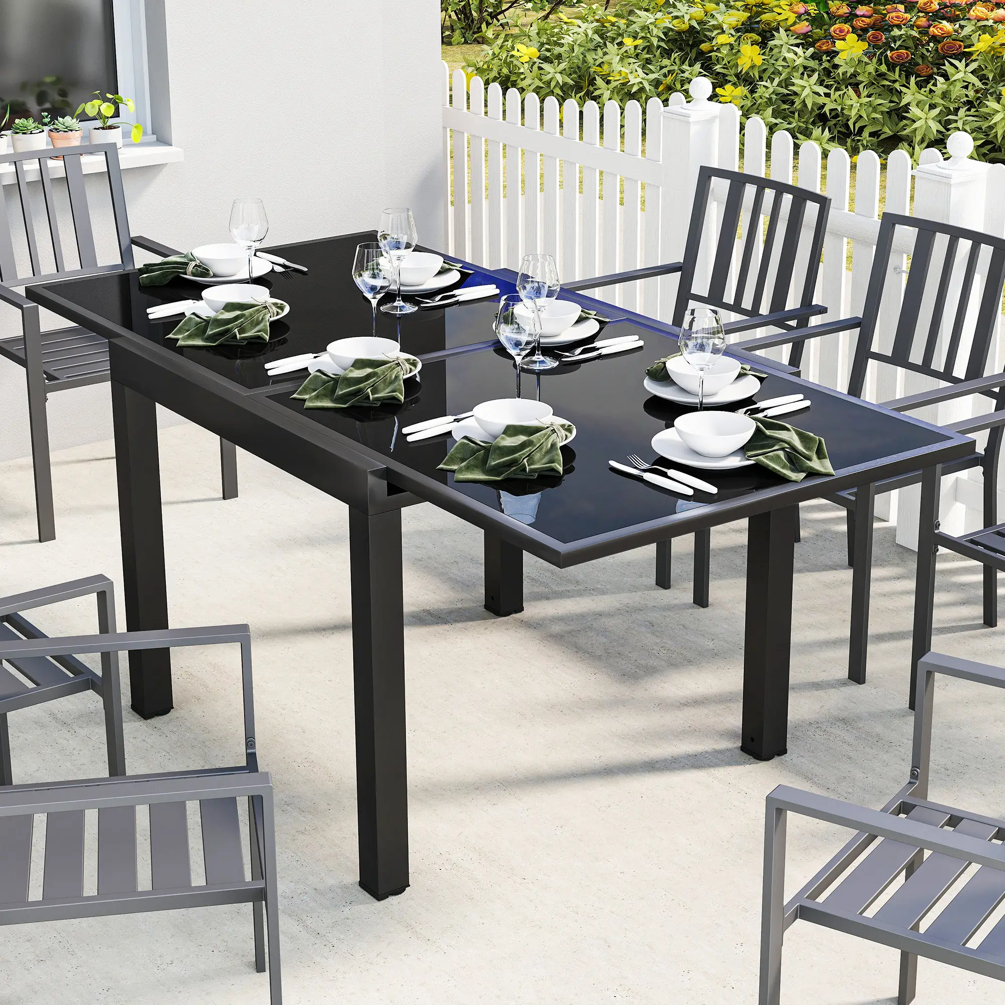 Aluminum Expandable Dining Table, Tempered Glass Tabletop, Black - Image 2