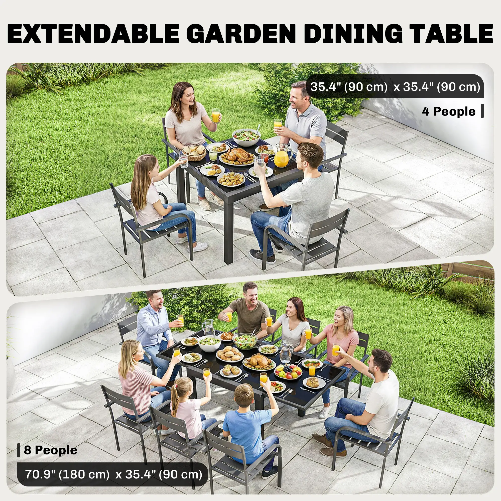 Aluminum Expandable Dining Table, Tempered Glass Tabletop, Black - Image 4