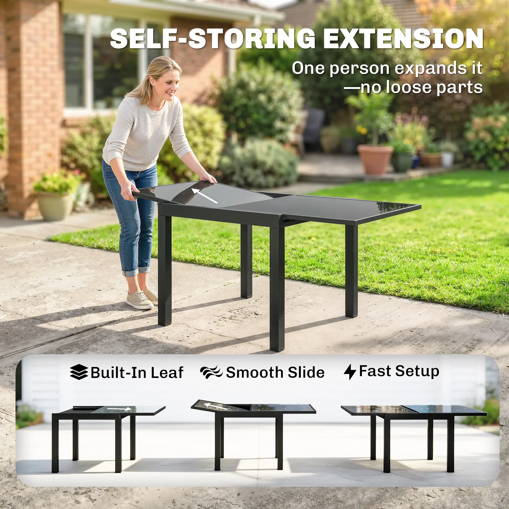 Aluminum Expandable Dining Table, Tempered Glass Tabletop, Black - Image 7