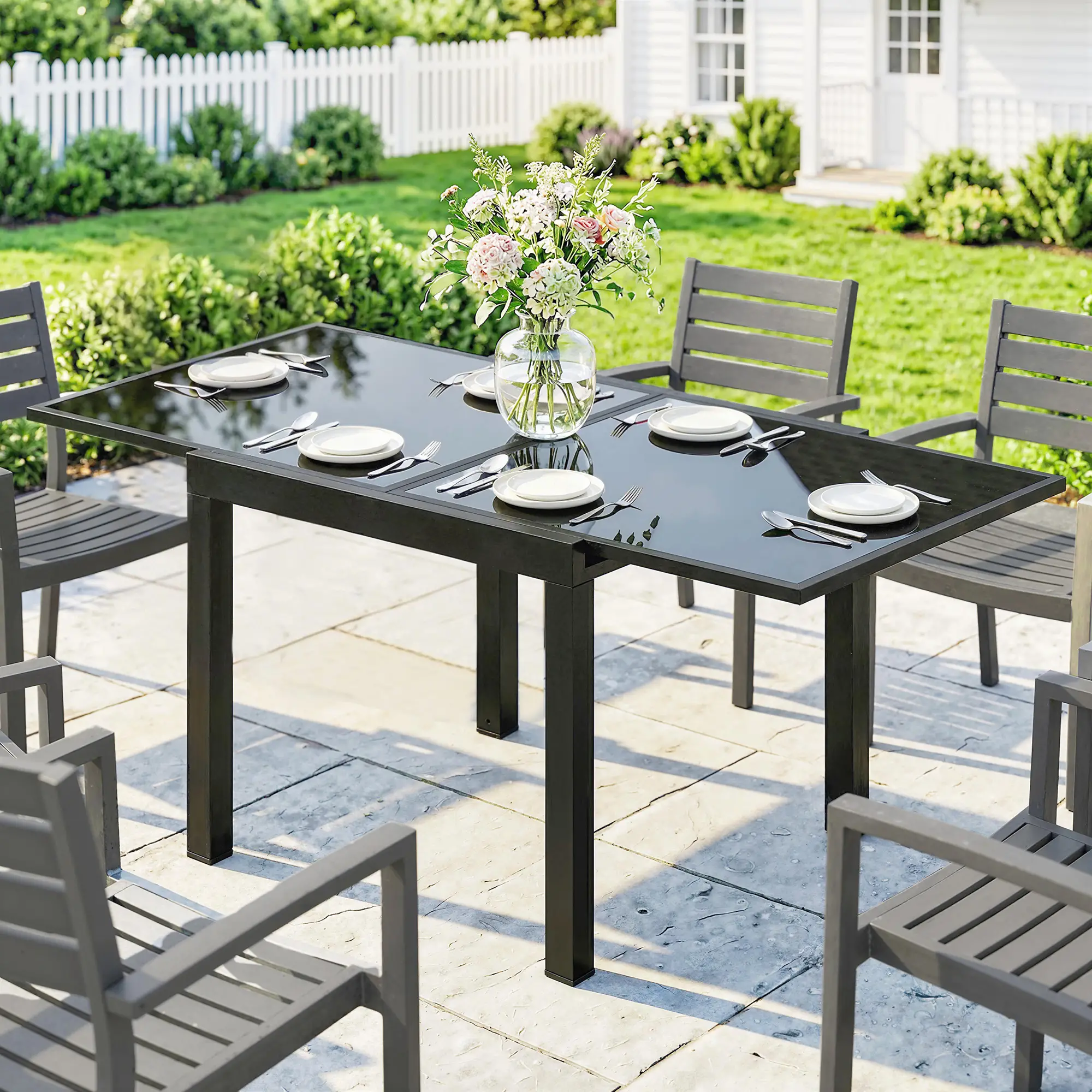 Aluminum Expandable Dining Table, Tempered Glass Tabletop, Black - Image 8