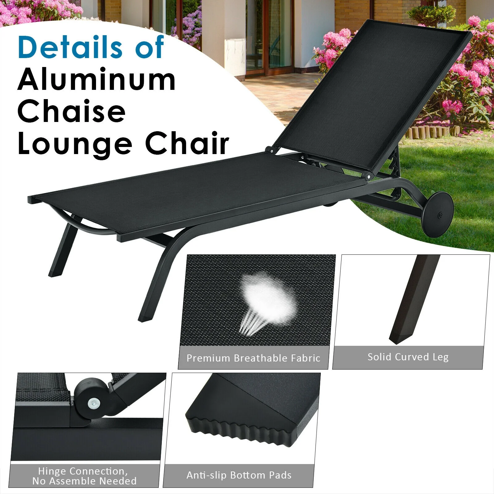 Aluminum Fabric Outdoor Patio Lounge Chair, Adjustable Reclining, Black - Image 10