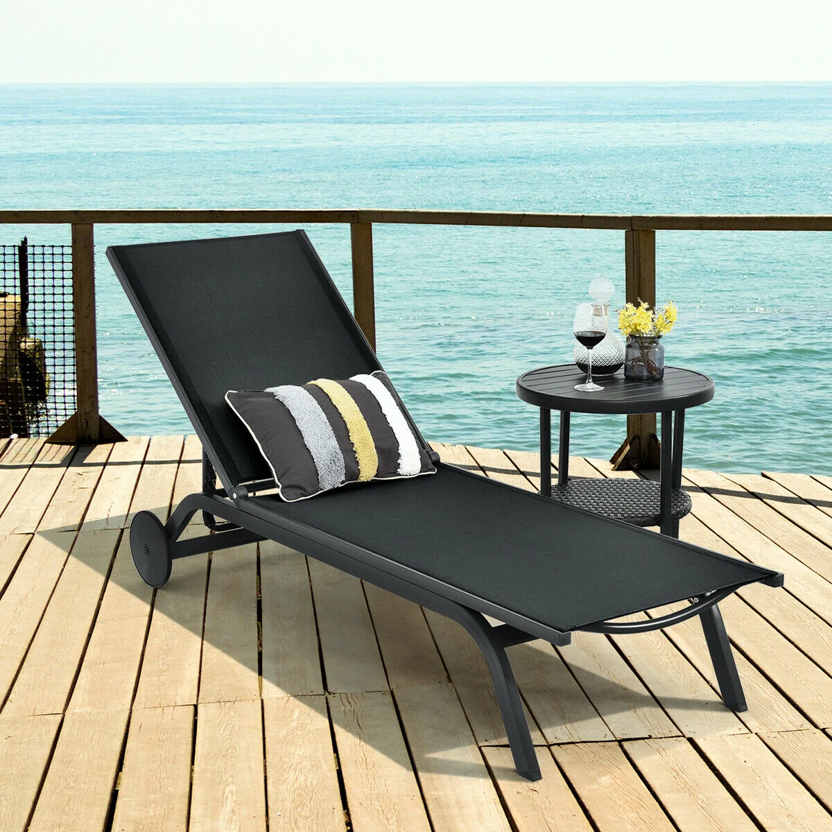 Aluminum Fabric Outdoor Patio Lounge Chair, Adjustable Reclining, Black - Image 2