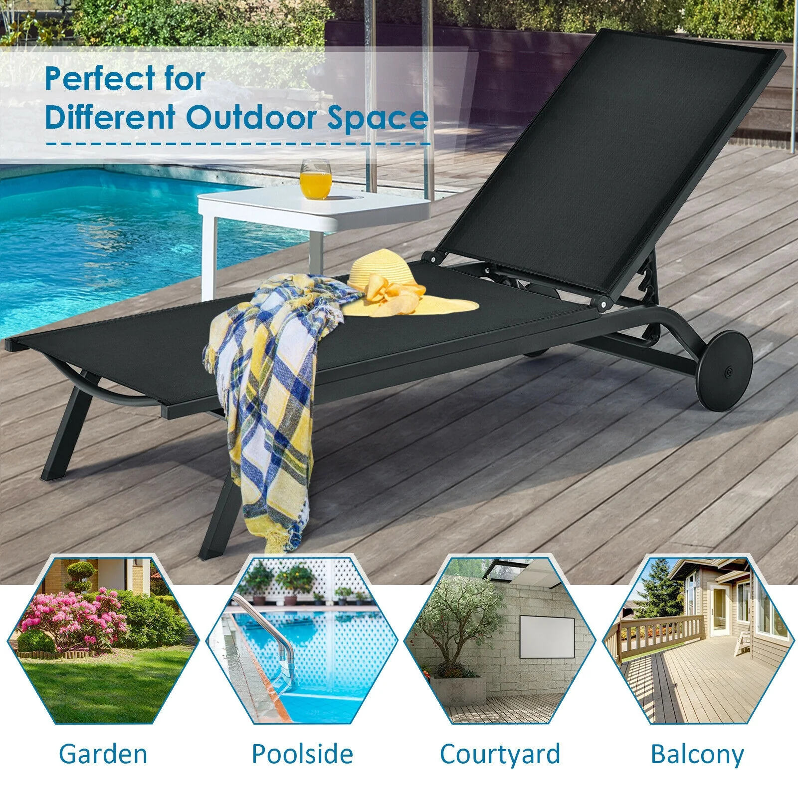 Aluminum Fabric Outdoor Patio Lounge Chair, Adjustable Reclining, Black - Image 9