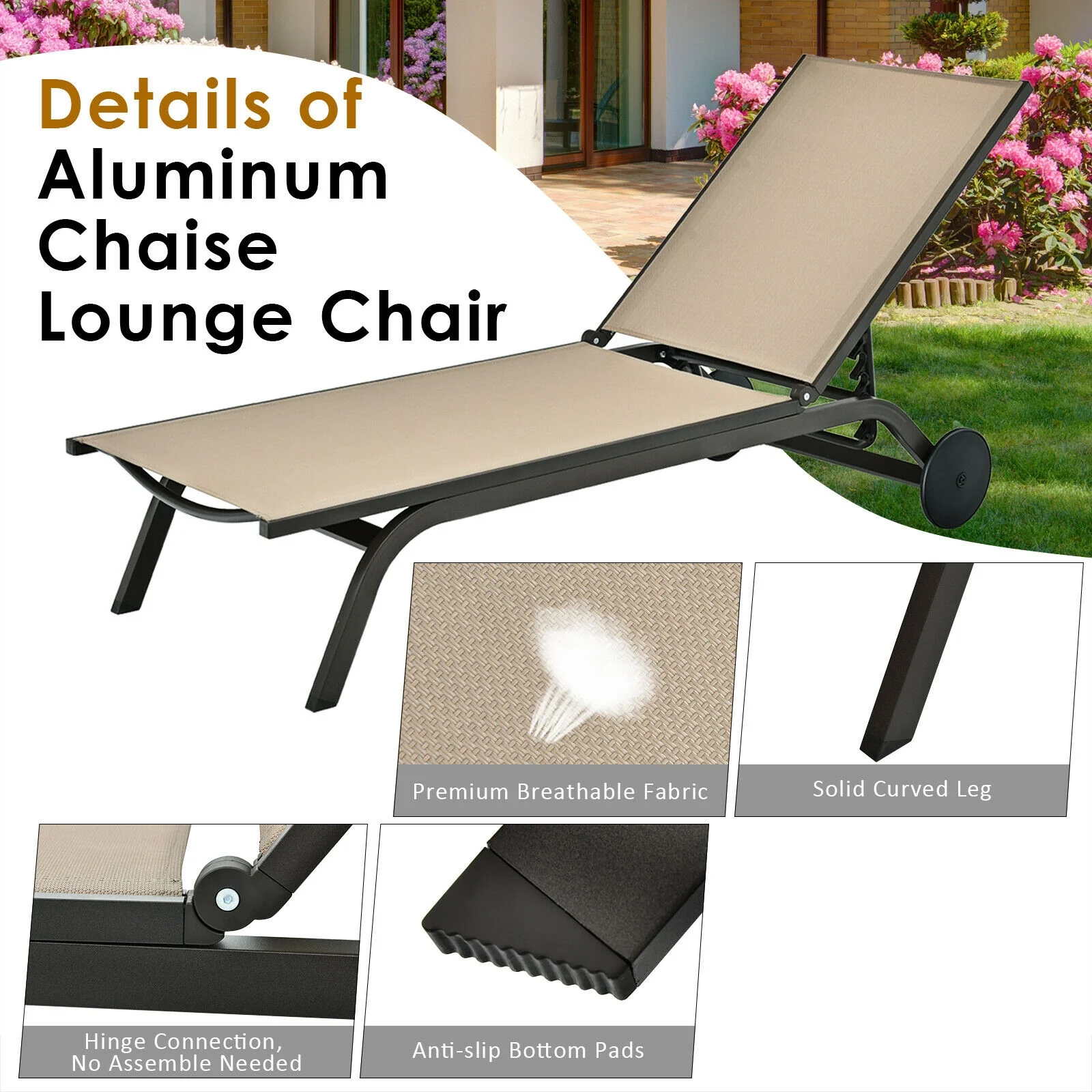 Aluminum Fabric Outdoor Patio Lounge Chair, Adjustable Reclining, Brown - Image 10