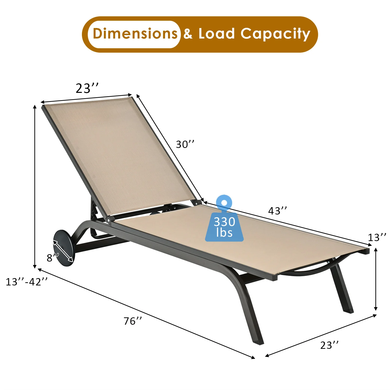 Aluminum Fabric Outdoor Patio Lounge Chair, Adjustable Reclining, Brown - Image 6
