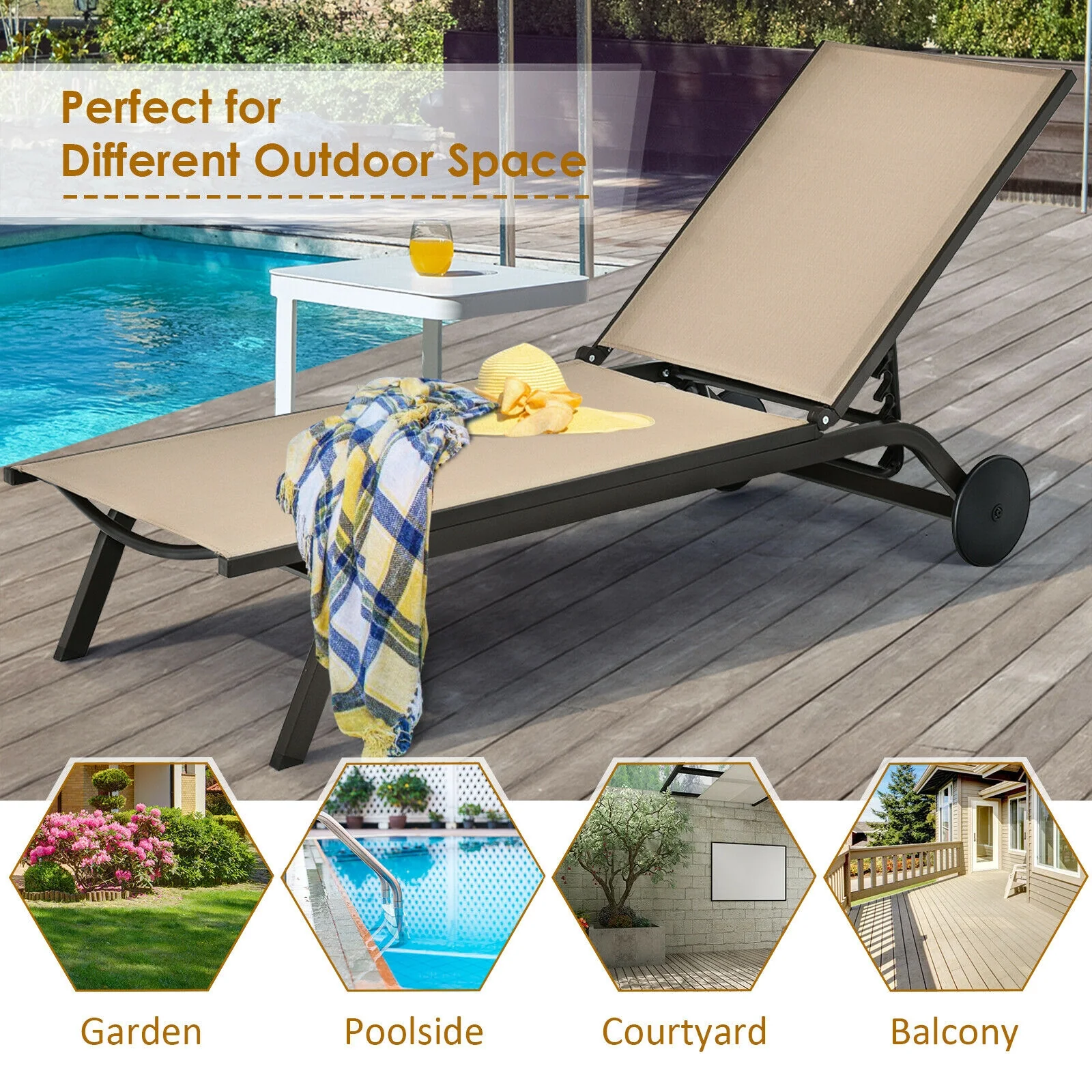 Aluminum Fabric Outdoor Patio Lounge Chair, Adjustable Reclining, Brown - Image 9