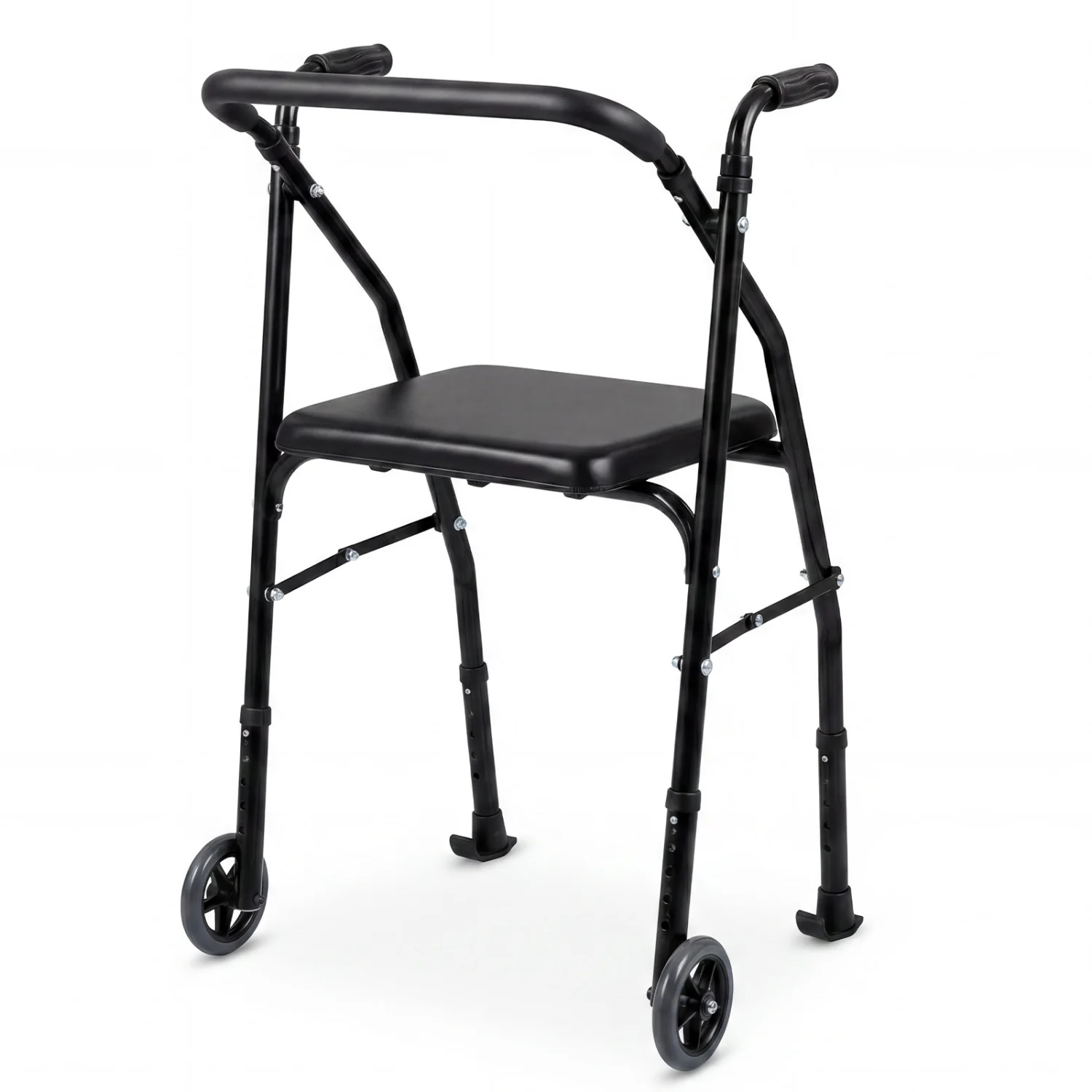 Aluminum Mobility Walker, 2 Wheels, Adjustable Height, Padded Seat, Black