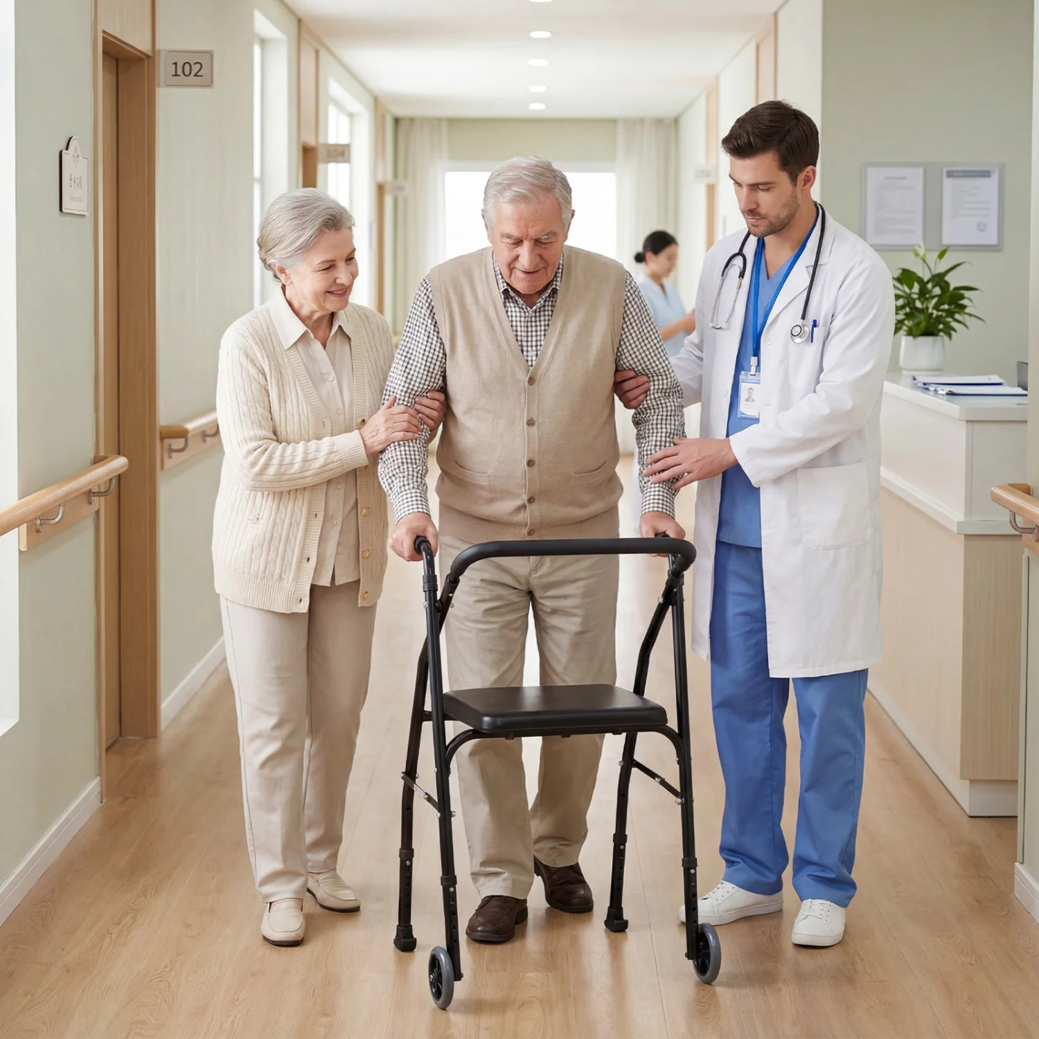 Aluminum Mobility Walker, 2 Wheels, Adjustable Height, Padded Seat, Black - Image 2