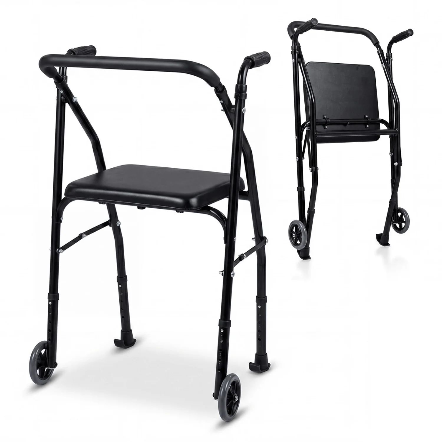 Aluminum Mobility Walker, 2 Wheels, Adjustable Height, Padded Seat, Black - Image 3