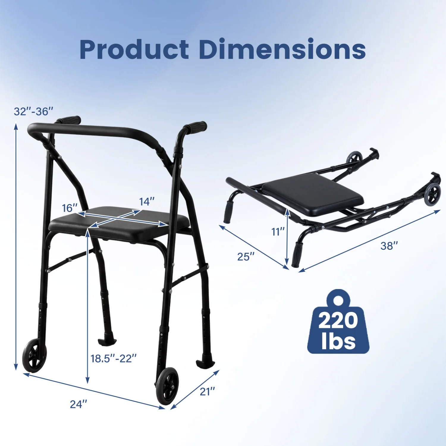 Aluminum Mobility Walker, 2 Wheels, Adjustable Height, Padded Seat, Black - Image 4