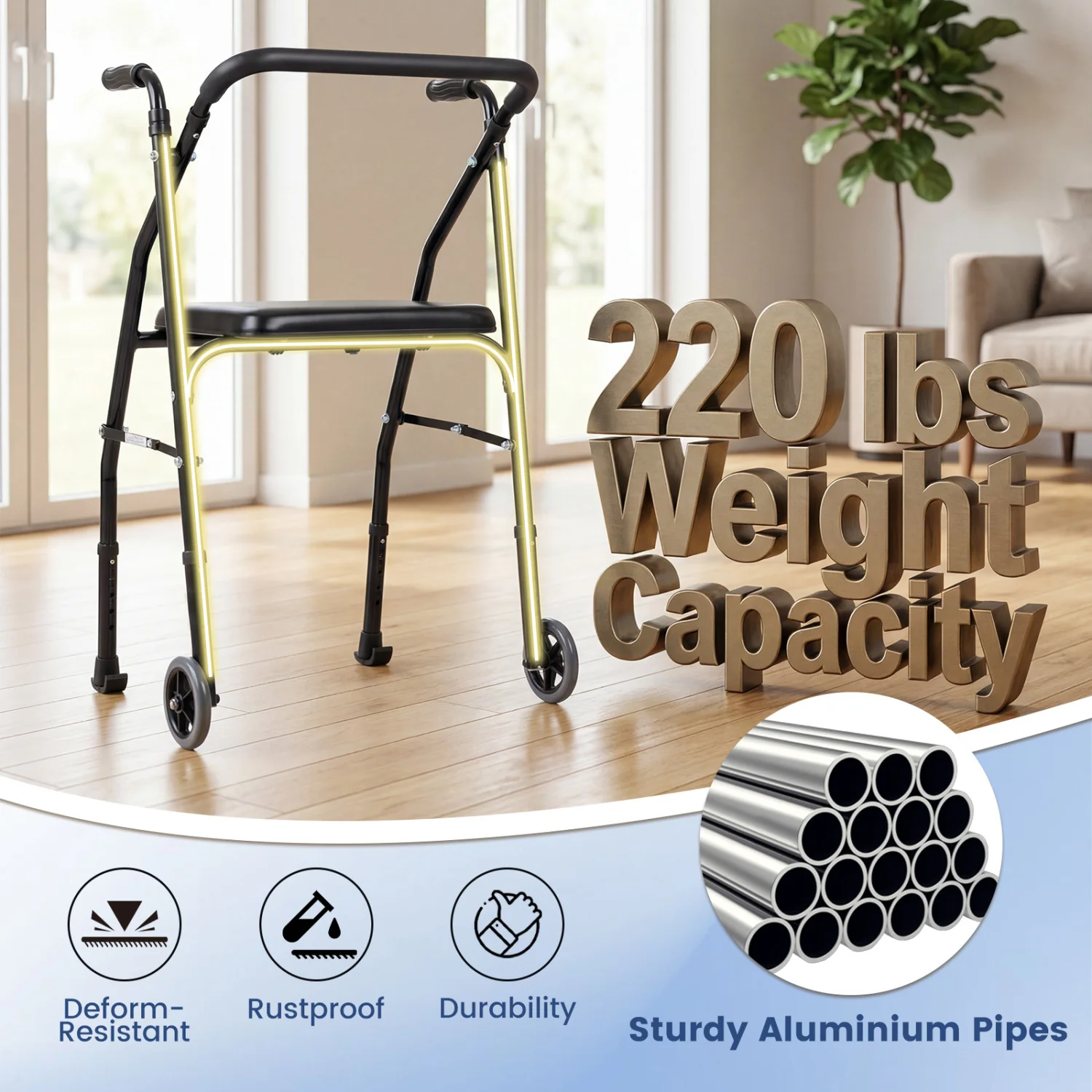 Aluminum Mobility Walker, 2 Wheels, Adjustable Height, Padded Seat, Black - Image 5