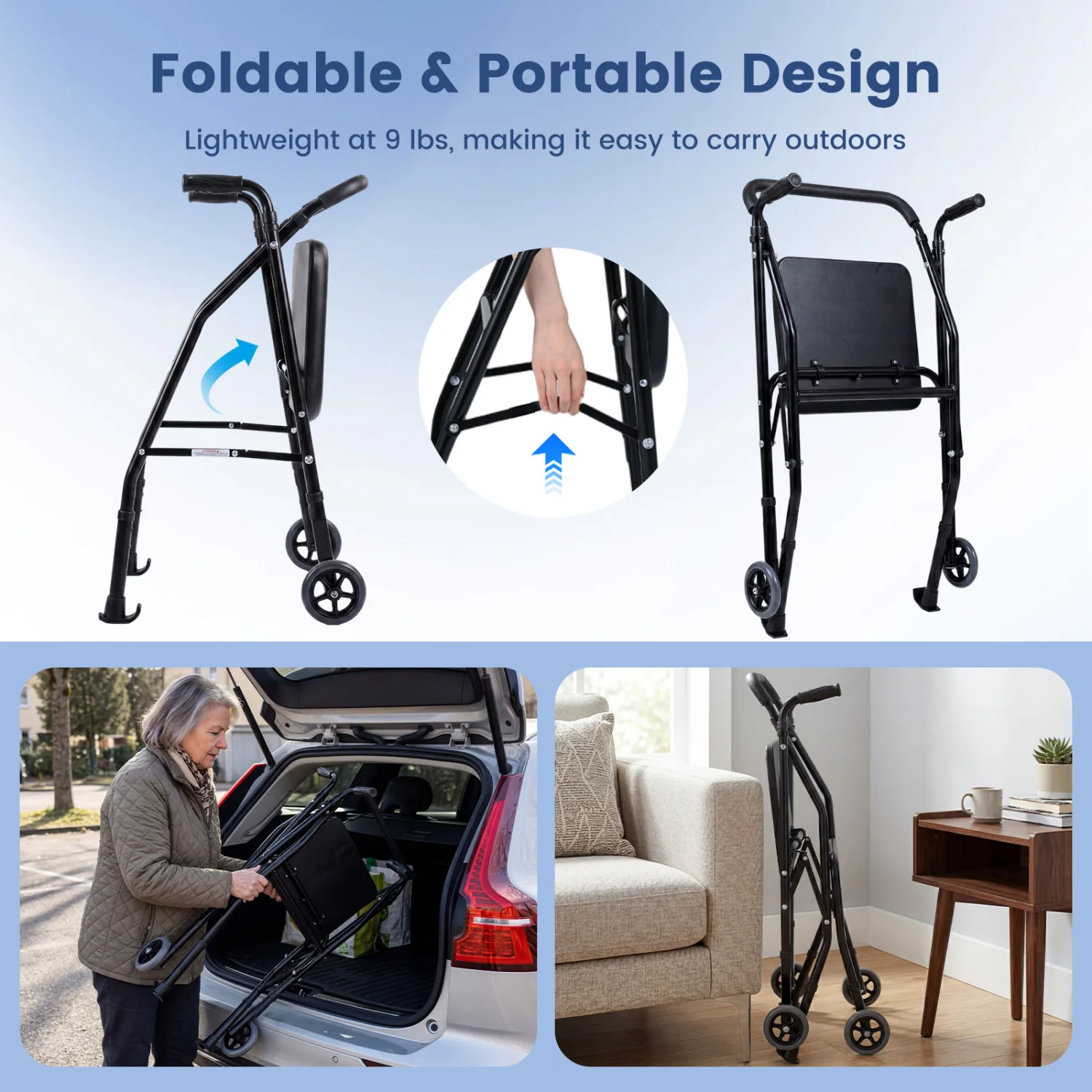 Aluminum Mobility Walker, 2 Wheels, Adjustable Height, Padded Seat, Black - Image 6
