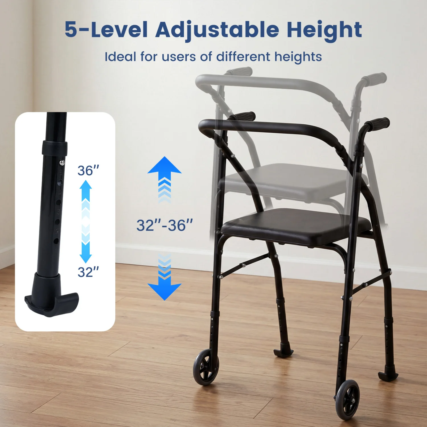 Aluminum Mobility Walker, 2 Wheels, Adjustable Height, Padded Seat, Black - Image 7