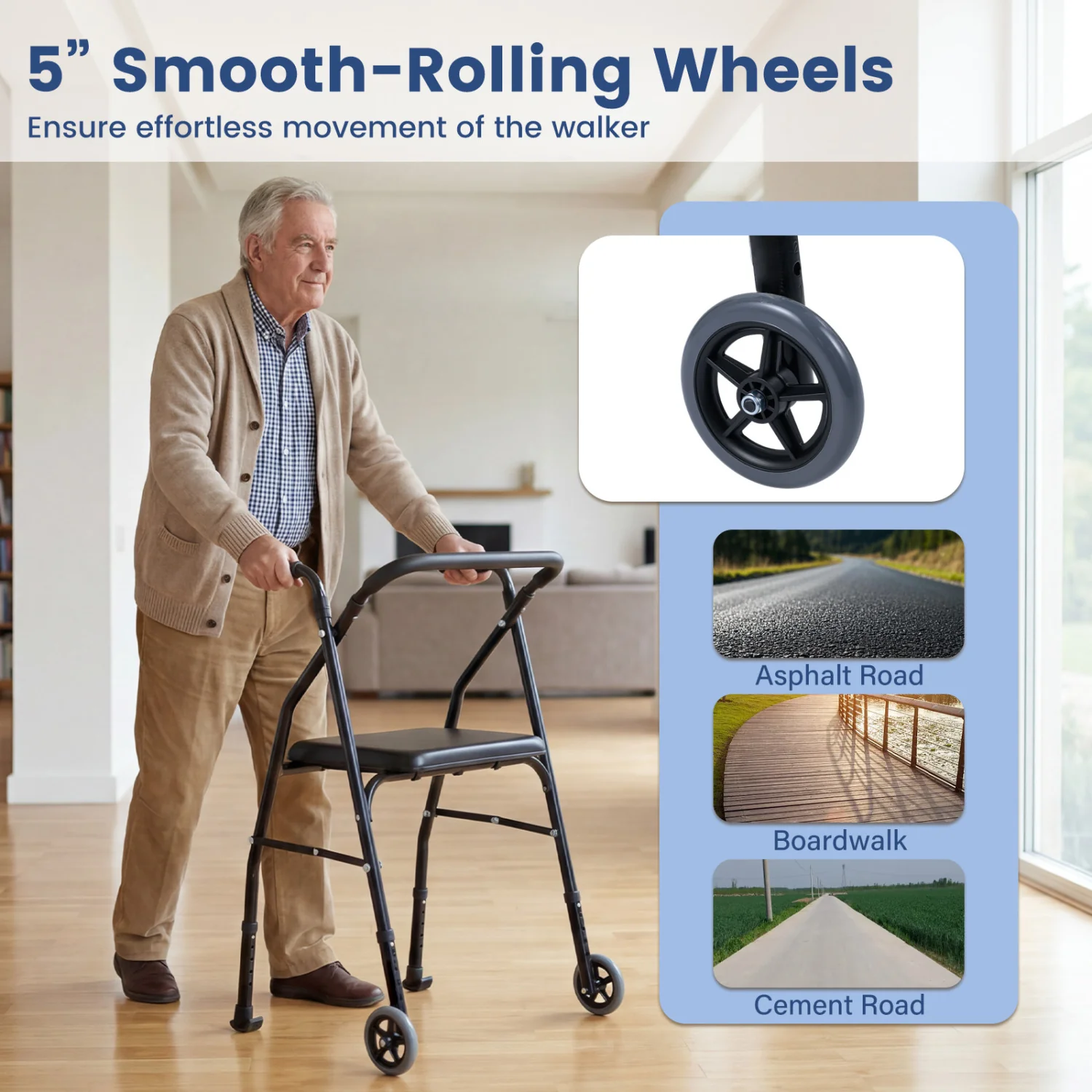 Aluminum Mobility Walker, 2 Wheels, Adjustable Height, Padded Seat, Black - Image 8