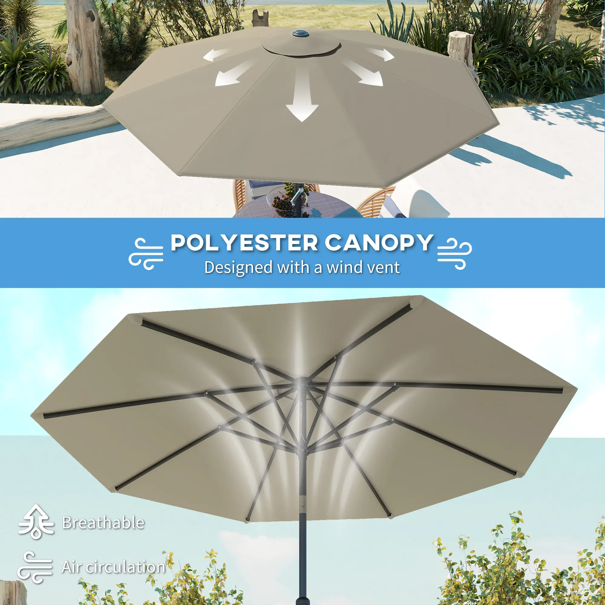 Aluminum Patio Umbrella, 8.5ft, Garden Outdoor Parasol, Light Grey - Image 6