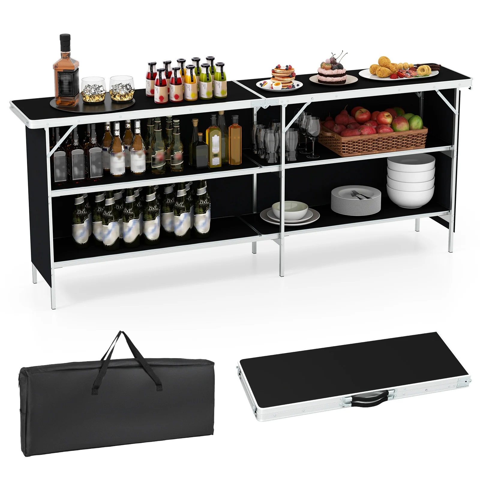 Aluminum Portable Picnic Table, 2-Tier Open Shelves, Spacious Tabletop, Black