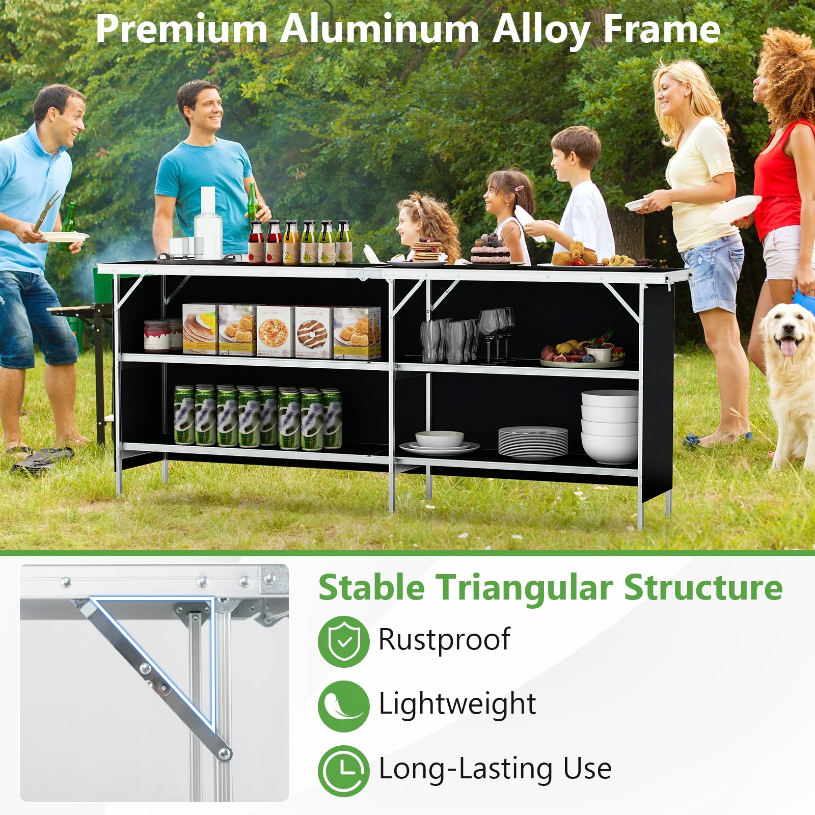 Aluminum Portable Picnic Table, 2-Tier Open Shelves, Spacious Tabletop, Black - Image 10