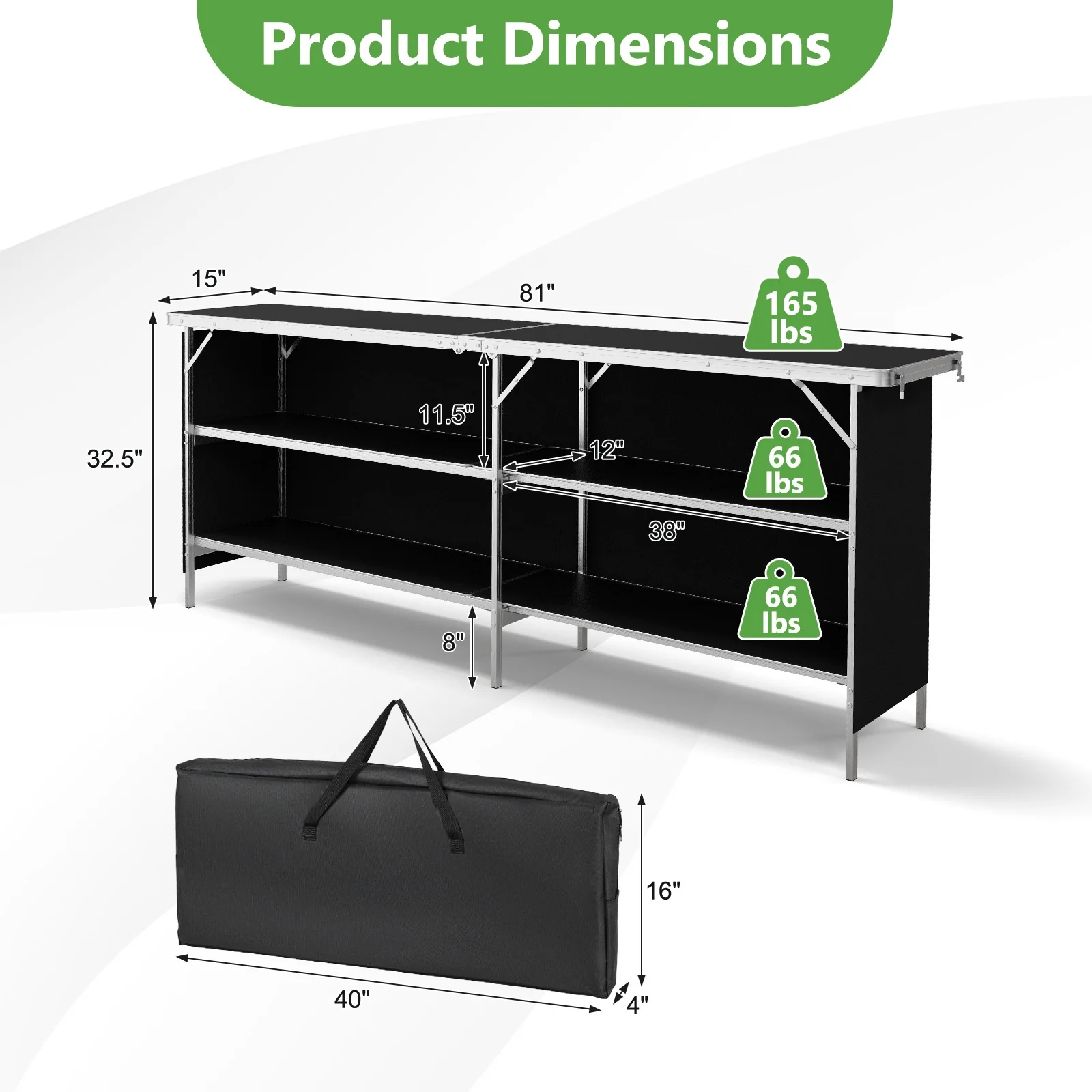 Aluminum Portable Picnic Table, 2-Tier Open Shelves, Spacious Tabletop, Black - Image 6