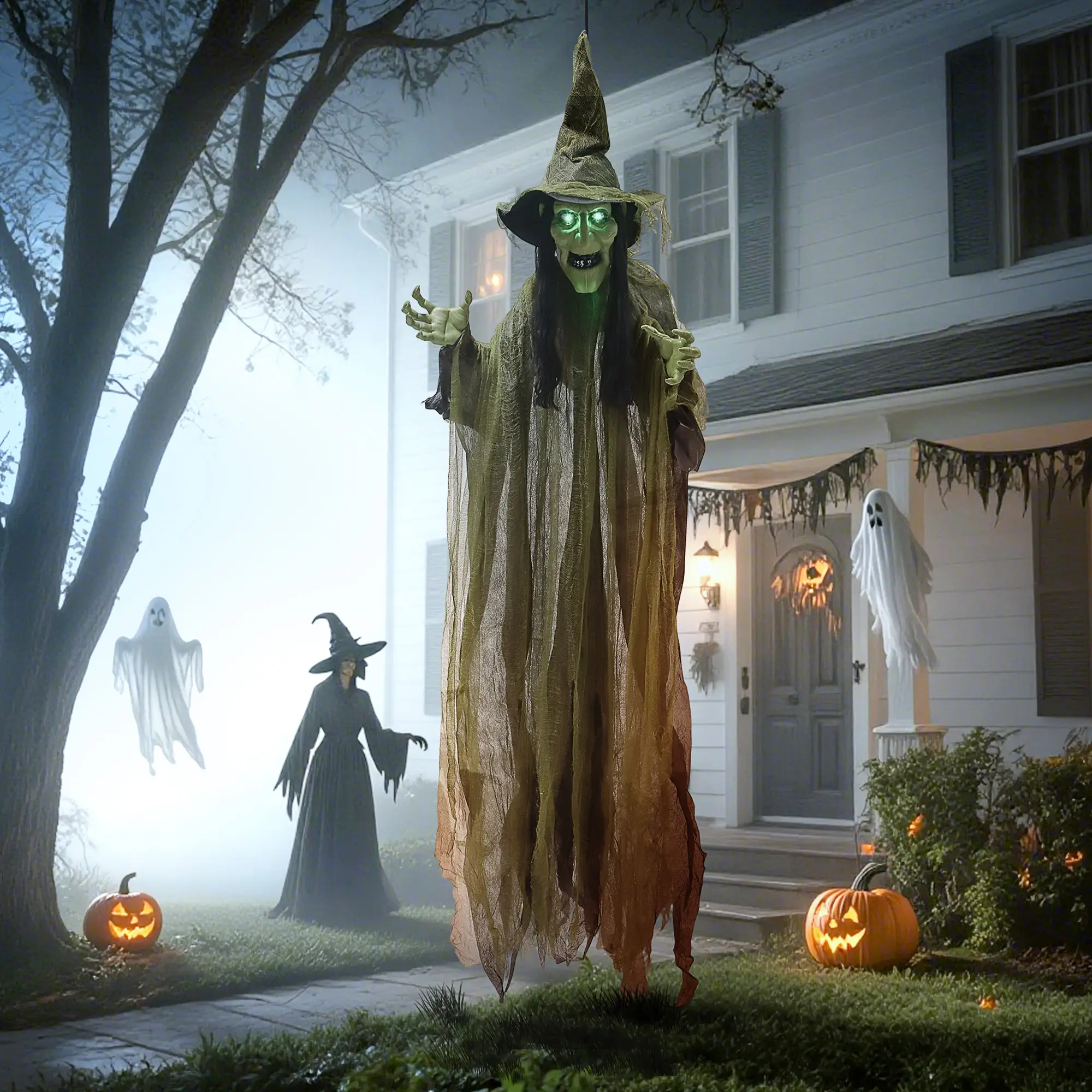 Animatronics Hanging Witch, Voice Activated, Flashing Eyes, Green - Image 8