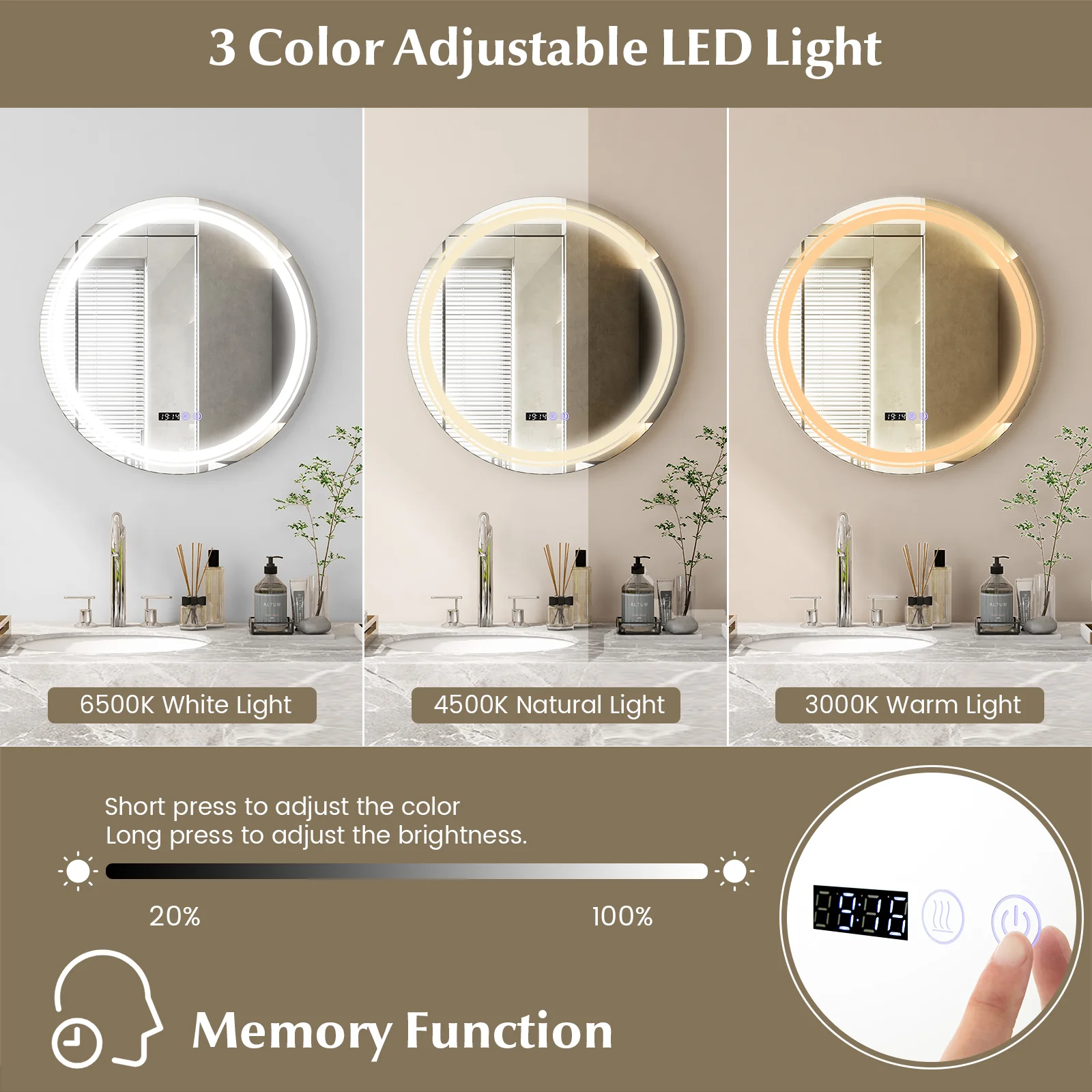 Anti-Fog Round LED Bathroom Mirror, M, 3 Color Lights, White - Image 7