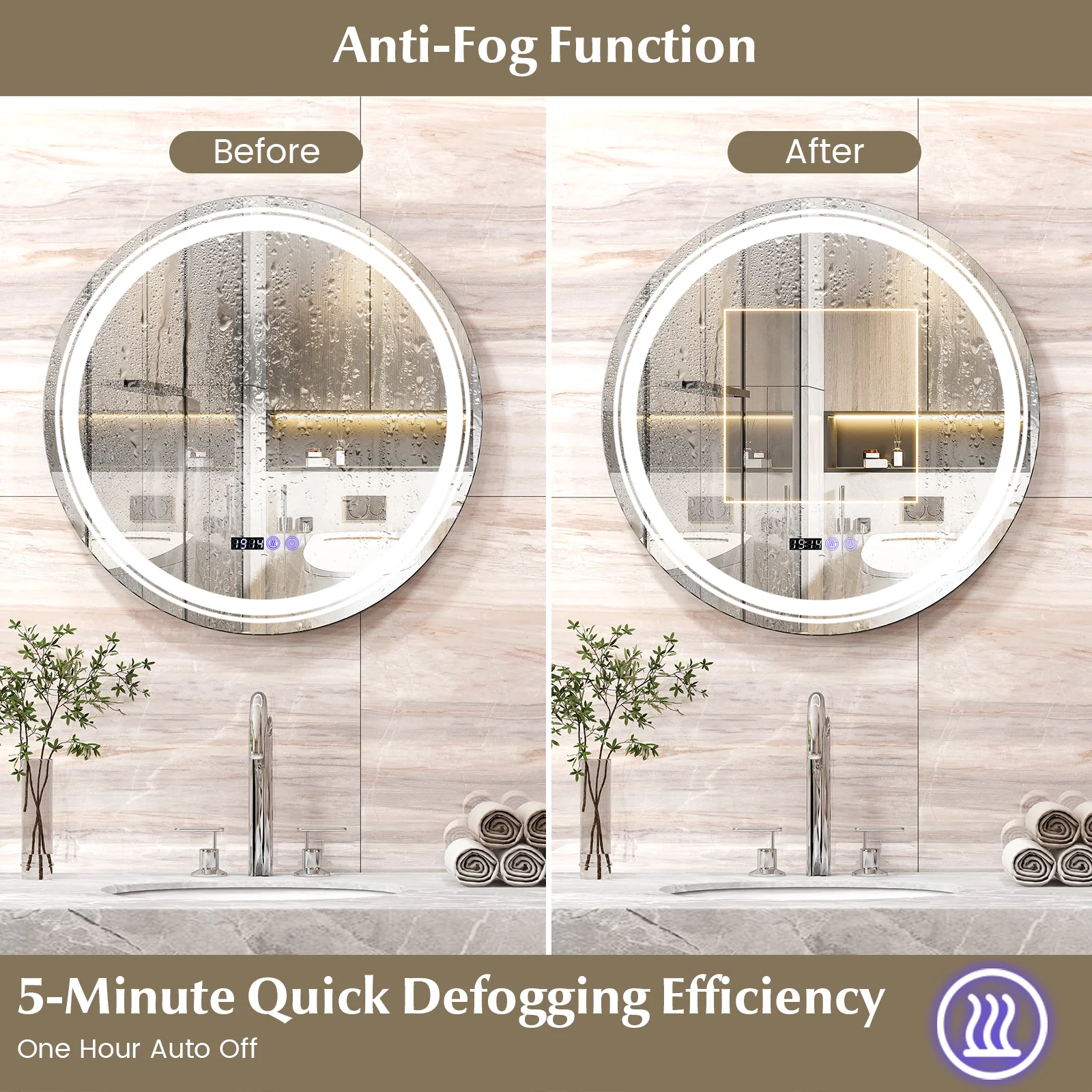 Anti-Fog Round LED Bathroom Mirror, M, 3 Color Lights, White - Image 8
