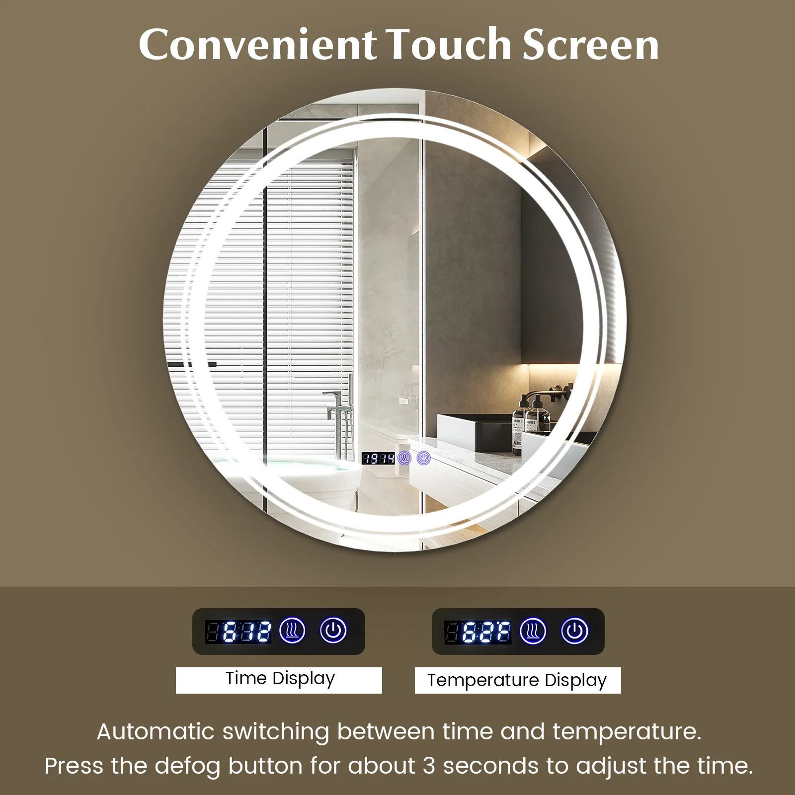 Anti-Fog Round LED Bathroom Mirror, M, 3 Color Lights, White - Image 9