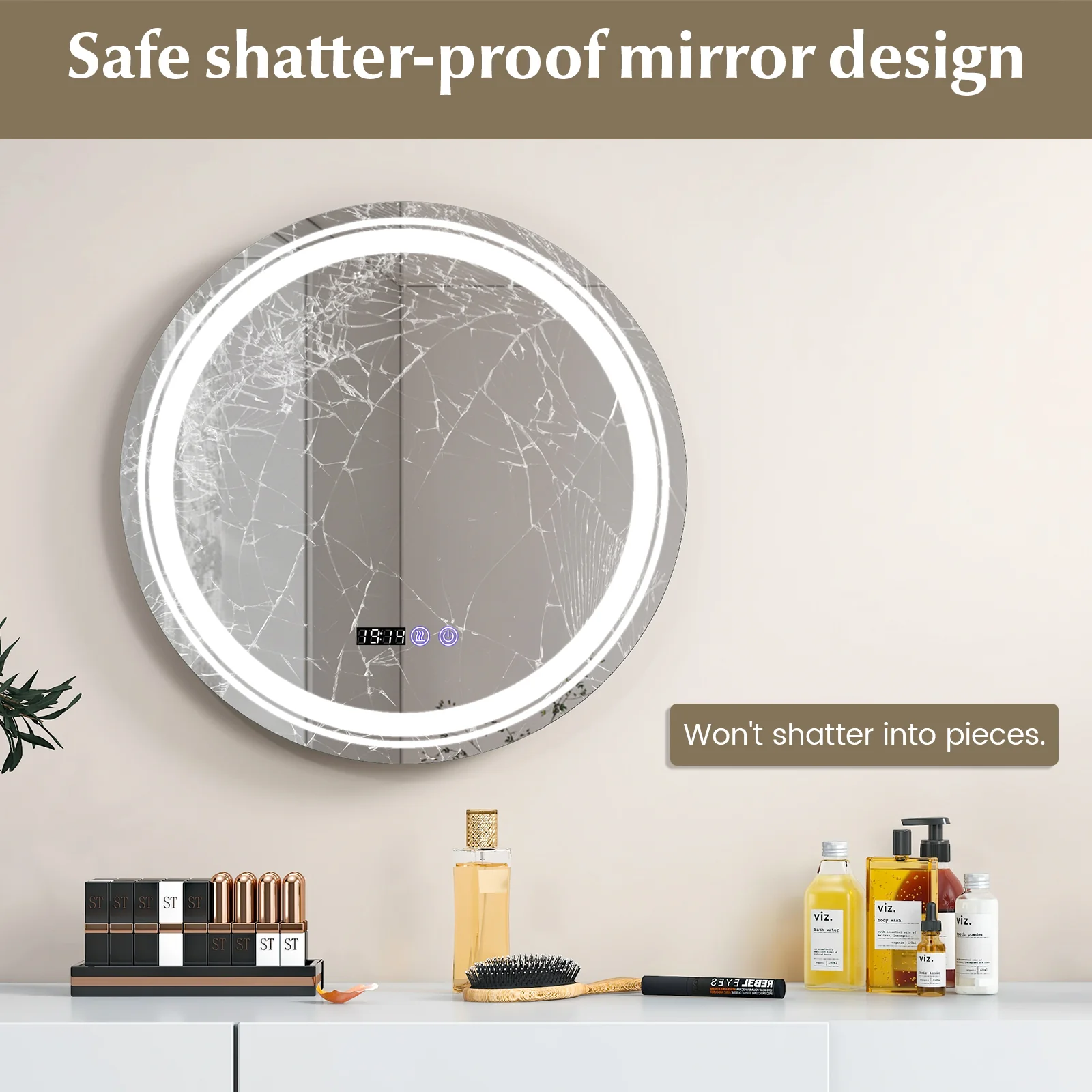 Anti-Fog Round LED Bathroom Mirror, S, 3 Color Lights, White - Image 10