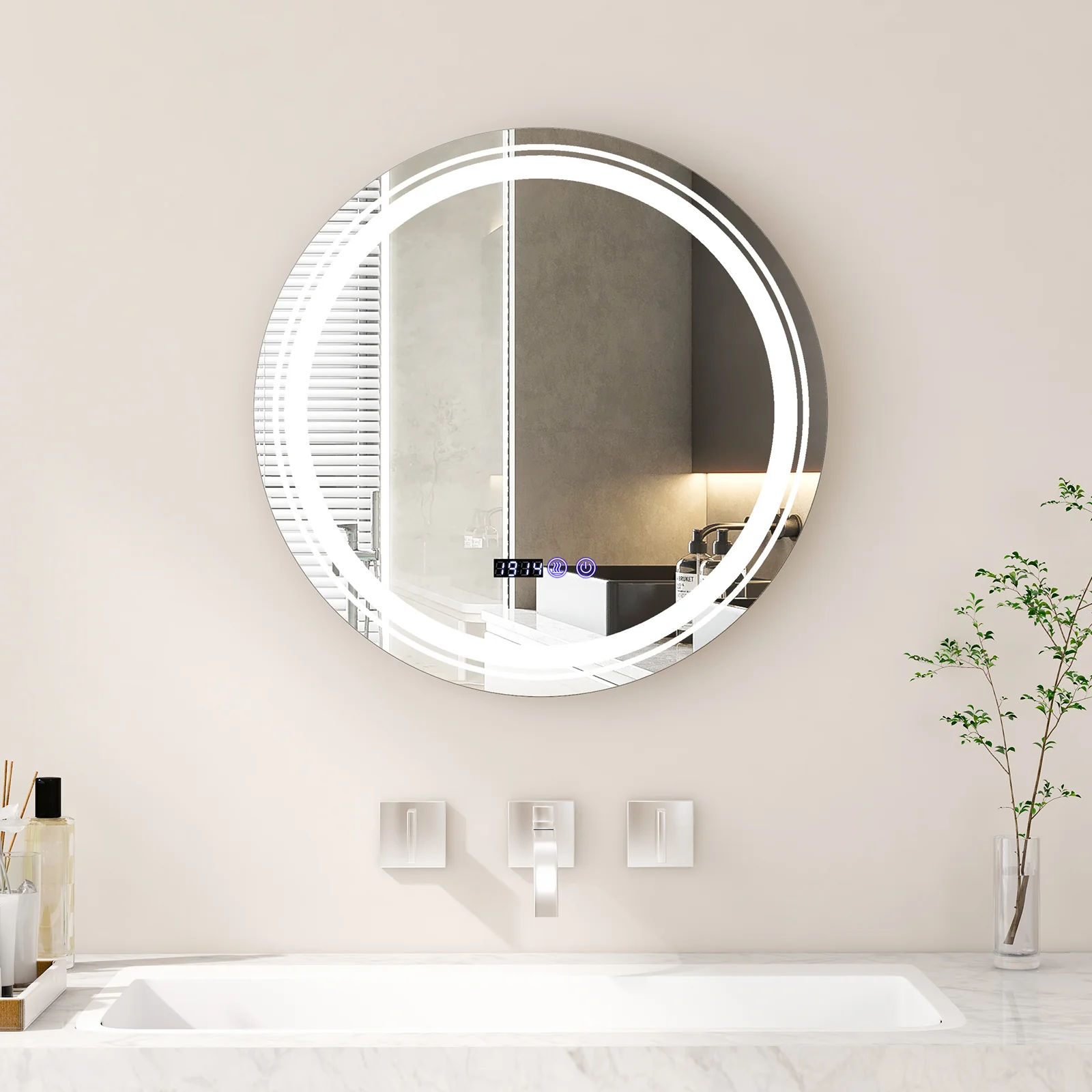 Anti-Fog Round LED Bathroom Mirror, S, 3 Color Lights, White - Image 2