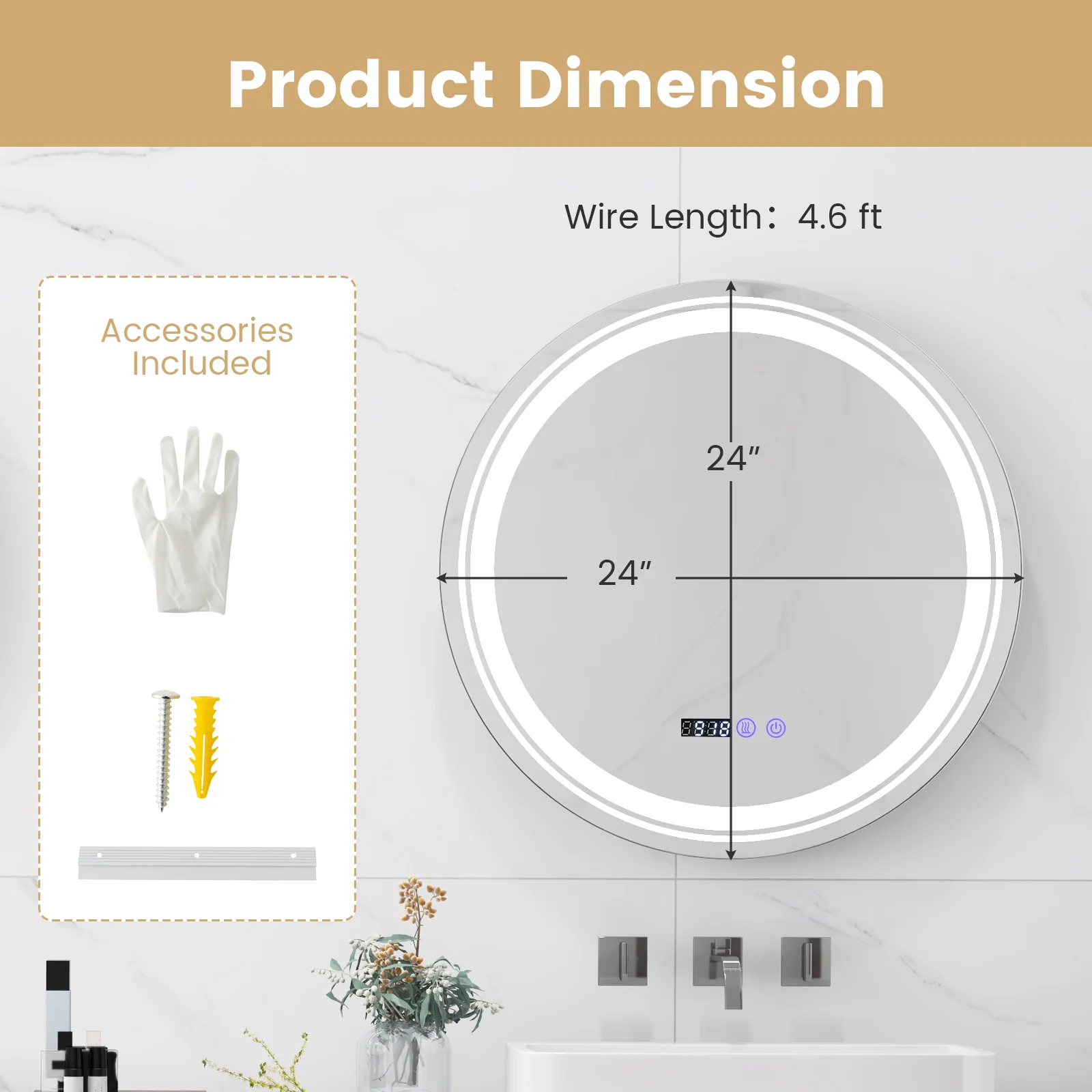 Anti-Fog Round LED Bathroom Mirror, S, 3 Color Lights, White - Image 5
