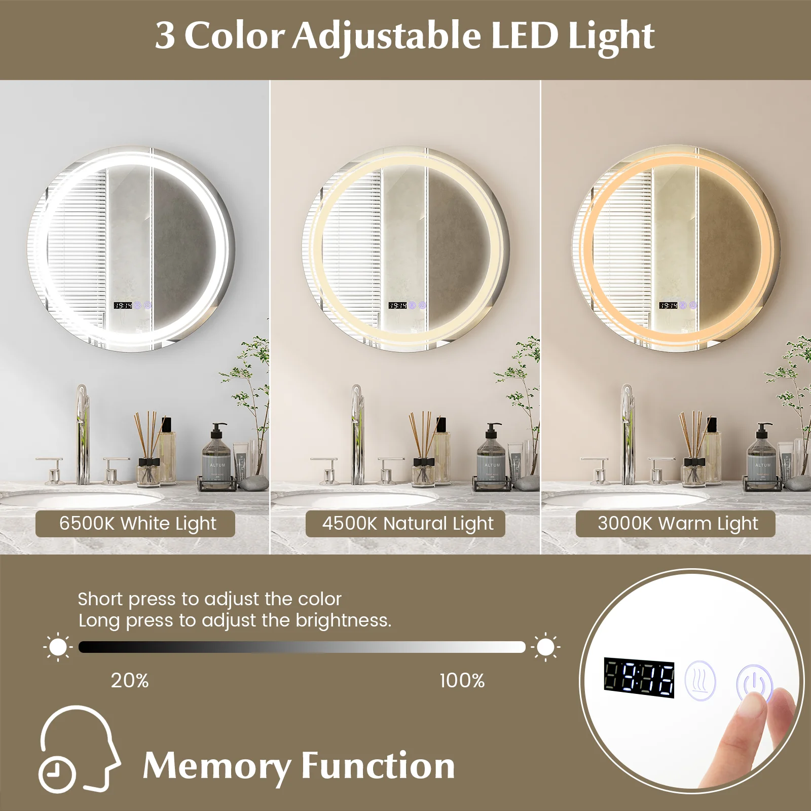 Anti-Fog Round LED Bathroom Mirror, S, 3 Color Lights, White - Image 7
