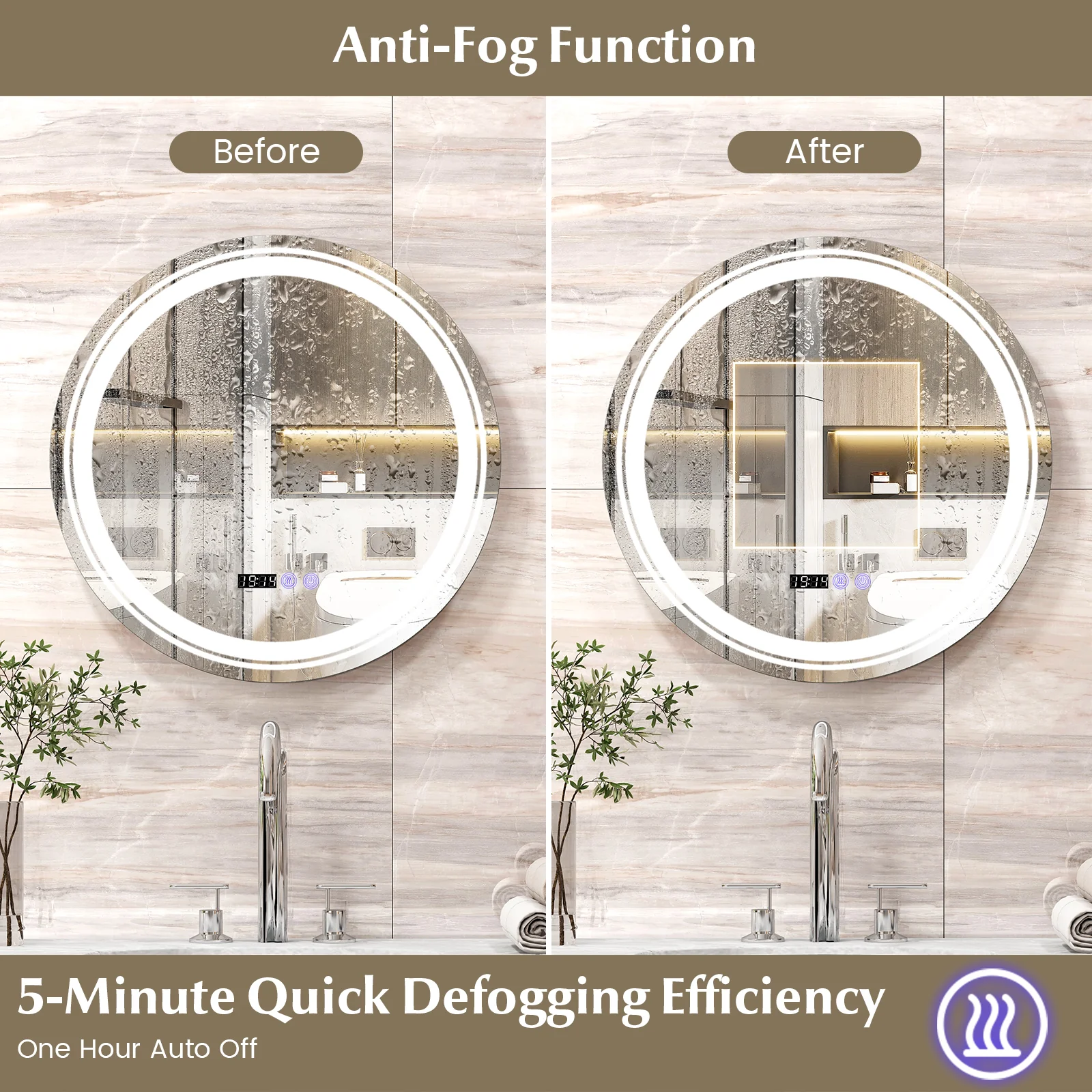 Anti-Fog Round LED Bathroom Mirror, S, 3 Color Lights, White - Image 8