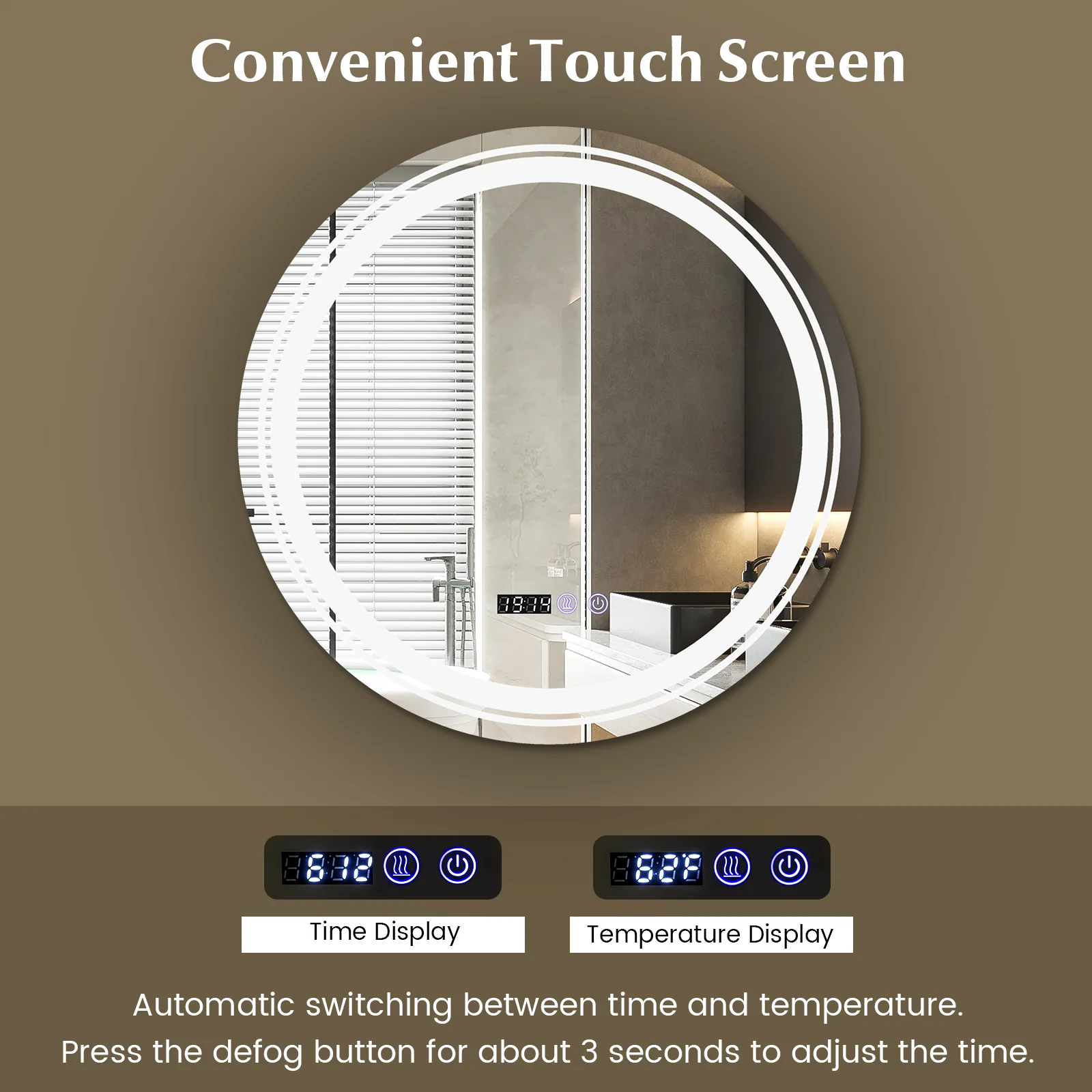 Anti-Fog Round LED Bathroom Mirror, S, 3 Color Lights, White - Image 9