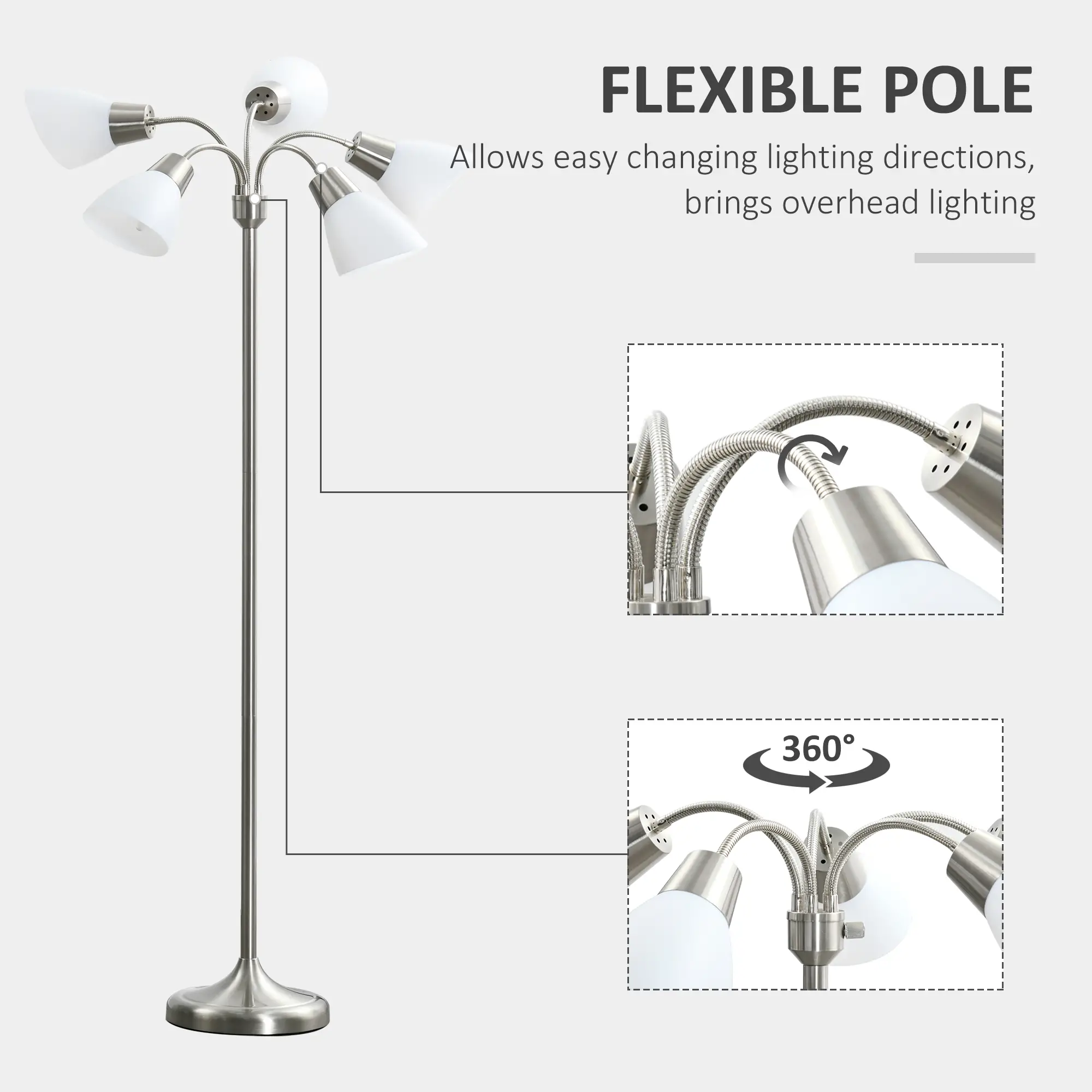 Arc Tree Floor Lamp with 5 Adjustable Rotating Lights, Modern Standing Gooseneck Reading Light for Living Room Bedroom Office, Satin Nickel - Image 5
