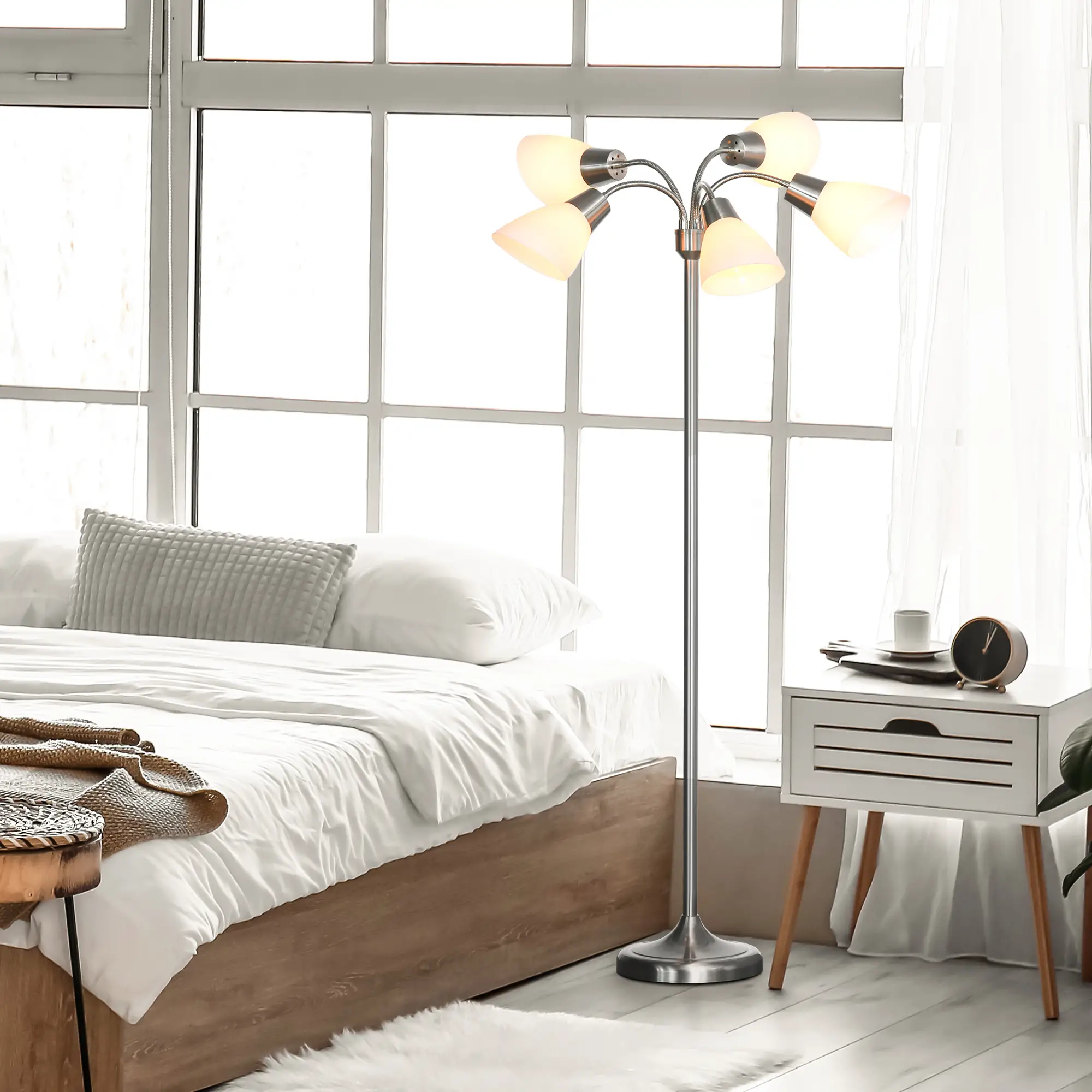 Arc Tree Floor Lamp with 5 Adjustable Rotating Lights, Modern Standing Gooseneck Reading Light for Living Room Bedroom Office, Satin Nickel - Image 9
