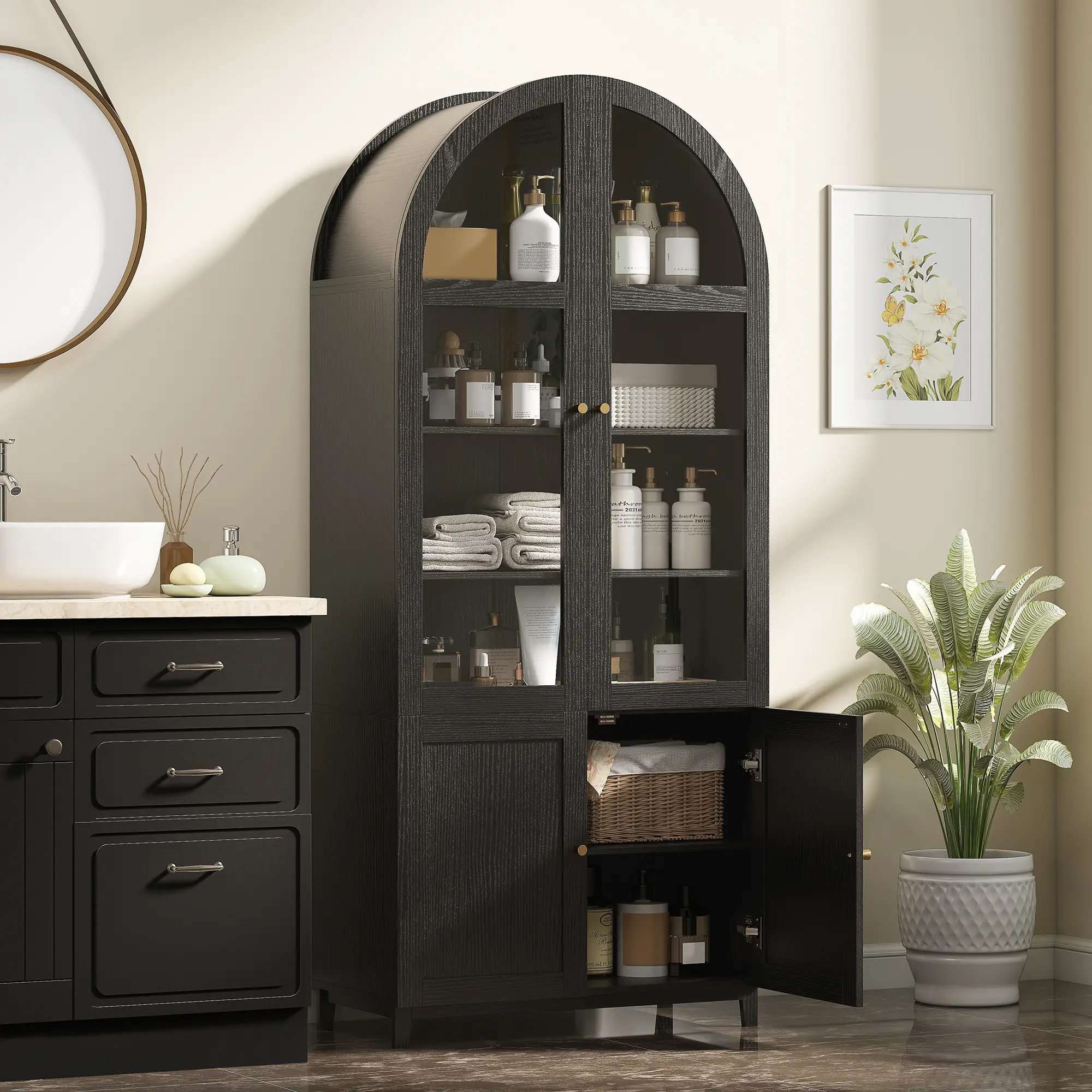 Arched Kitchen Pantry Cabinet, 71" Tall, Adjustable Shelves, Acrylic Doors, Black - Image 10