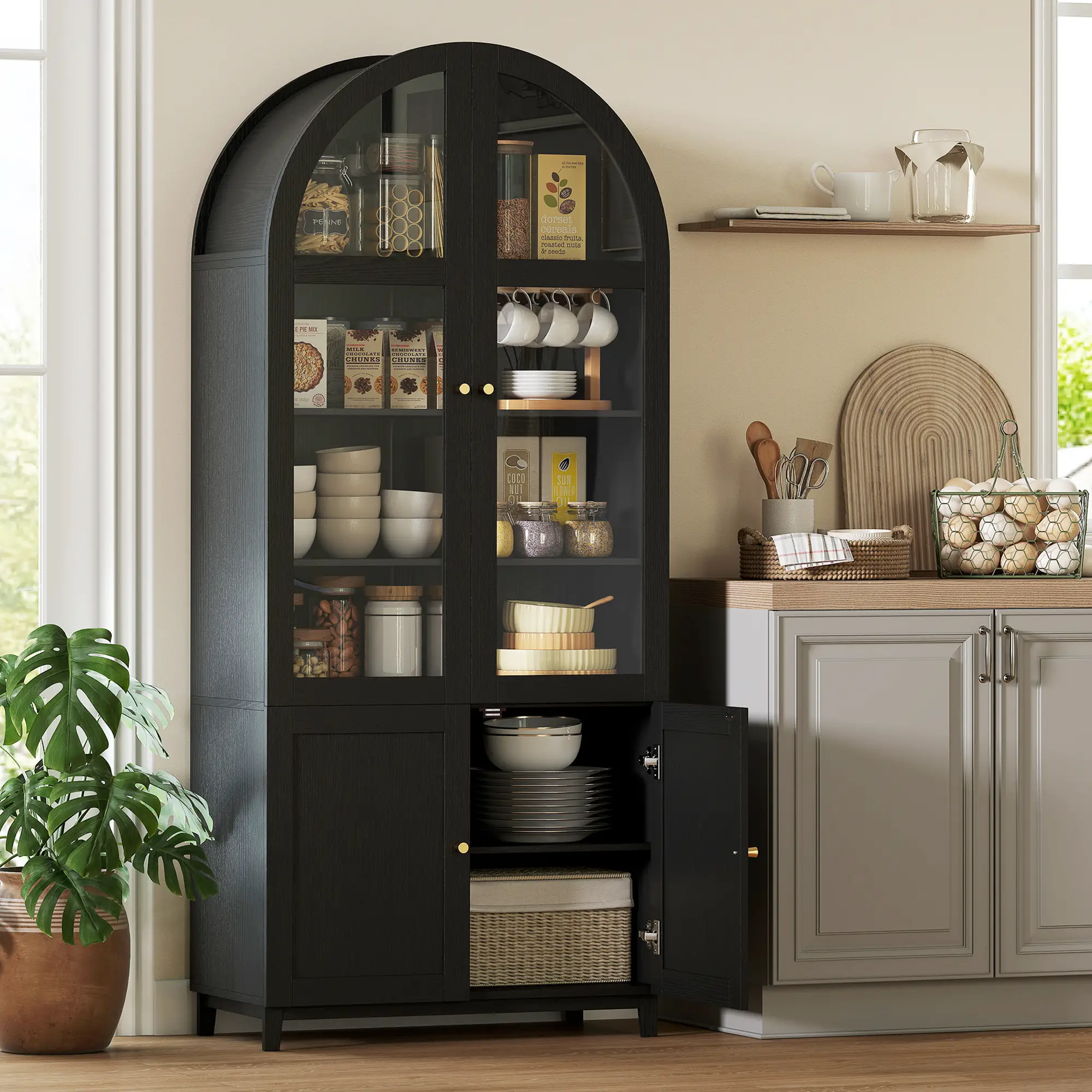 Arched Kitchen Pantry Cabinet, 71" Tall, Adjustable Shelves, Acrylic Doors, Black - Image 2