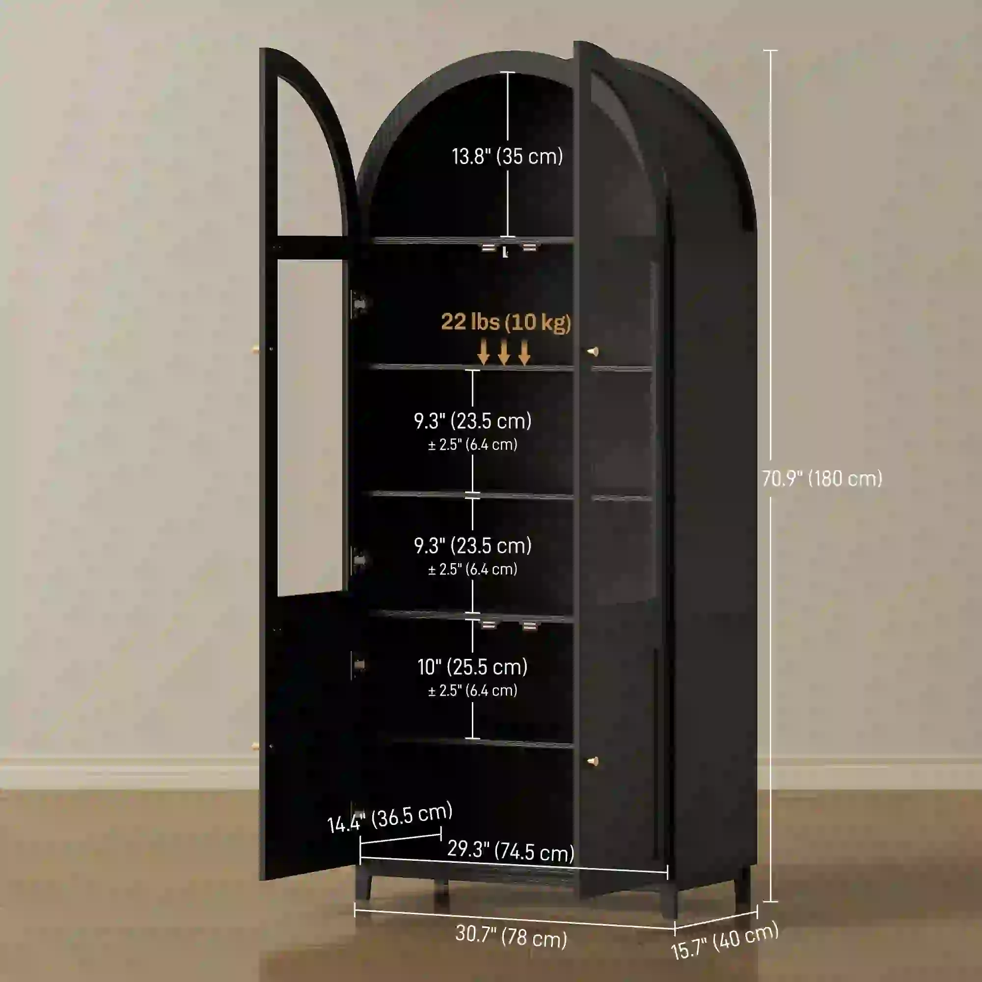 Arched Kitchen Pantry Cabinet, 71" Tall, Adjustable Shelves, Acrylic Doors, Black - Image 3
