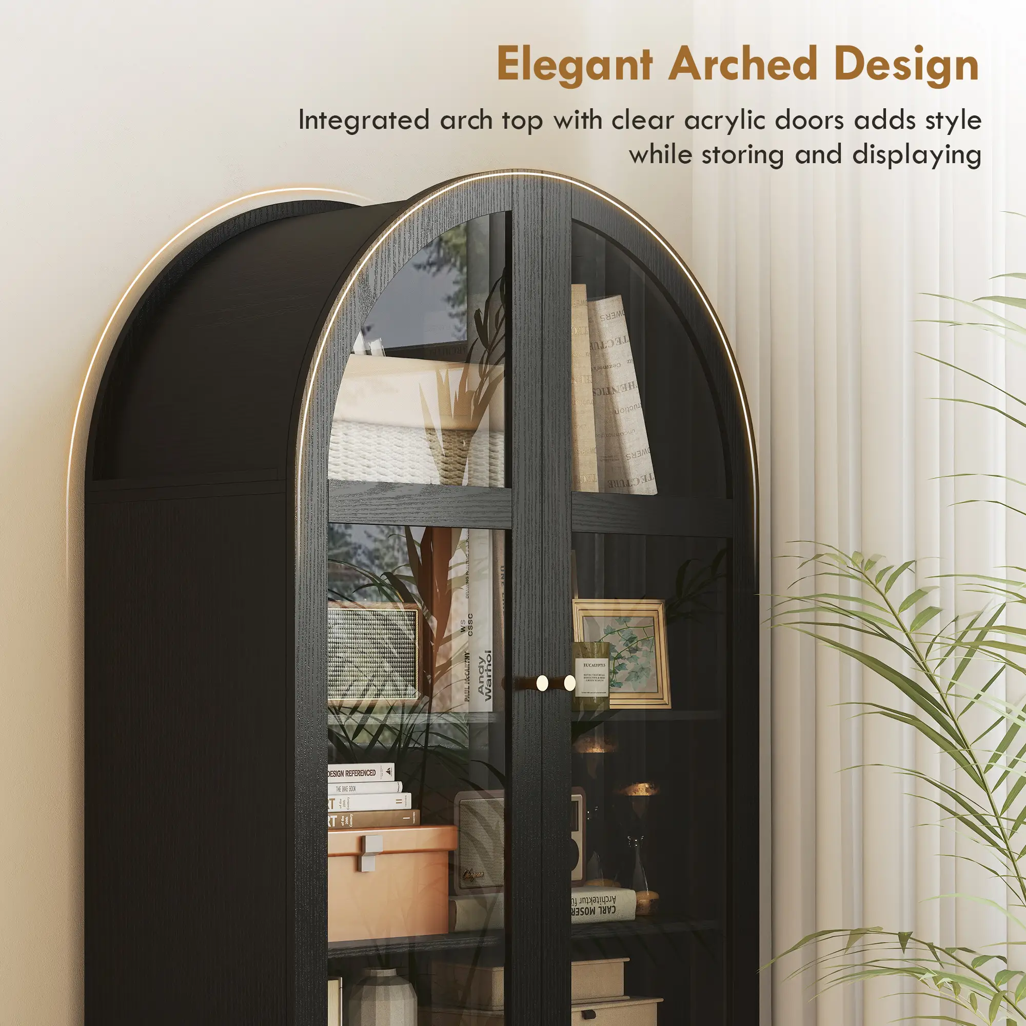 Arched Kitchen Pantry Cabinet, 71" Tall, Adjustable Shelves, Acrylic Doors, Black - Image 4