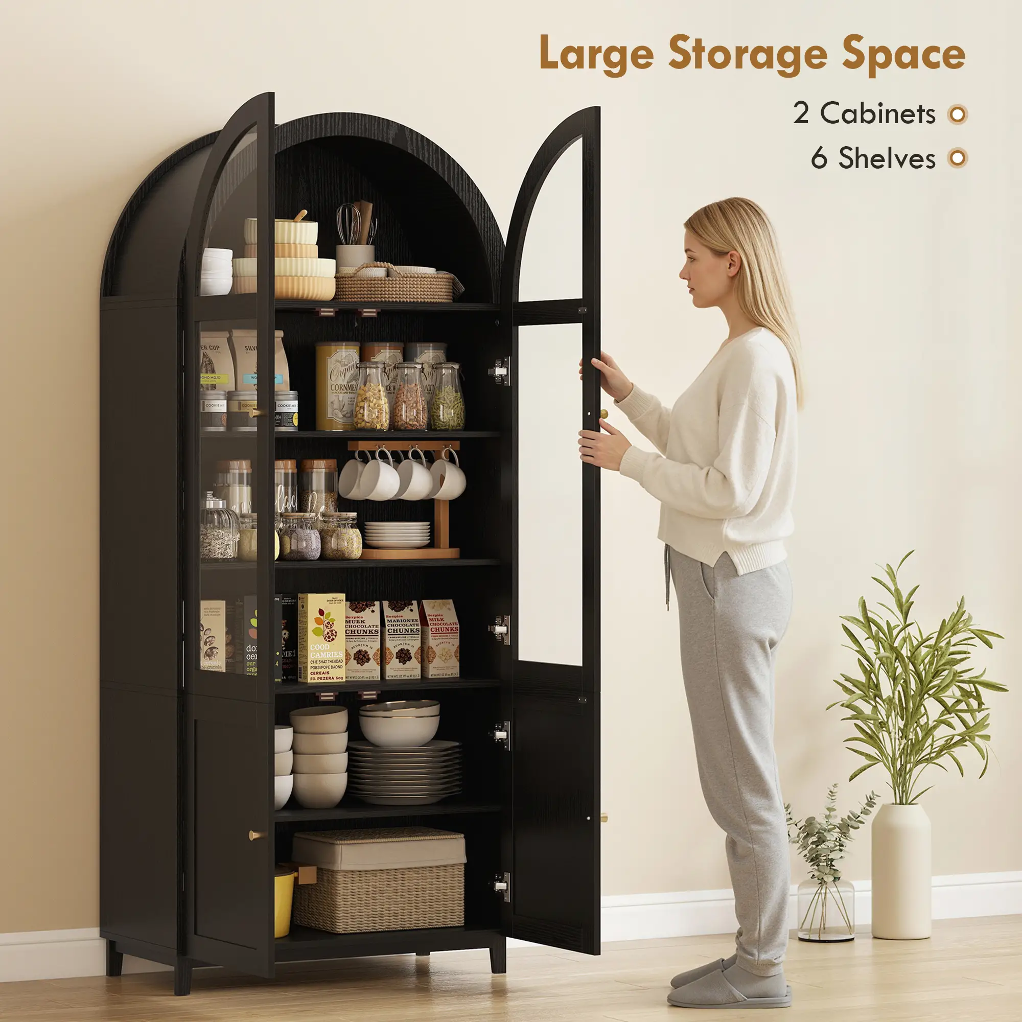 Arched Kitchen Pantry Cabinet, 71" Tall, Adjustable Shelves, Acrylic Doors, Black - Image 5