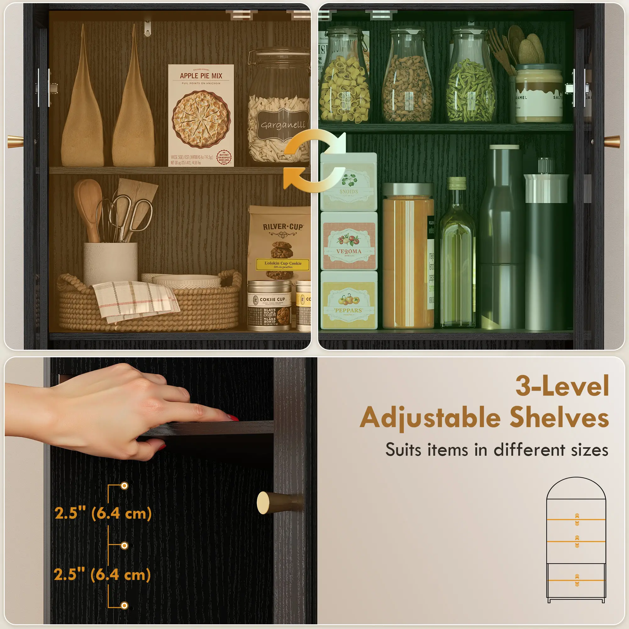 Arched Kitchen Pantry Cabinet, 71" Tall, Adjustable Shelves, Acrylic Doors, Black - Image 6