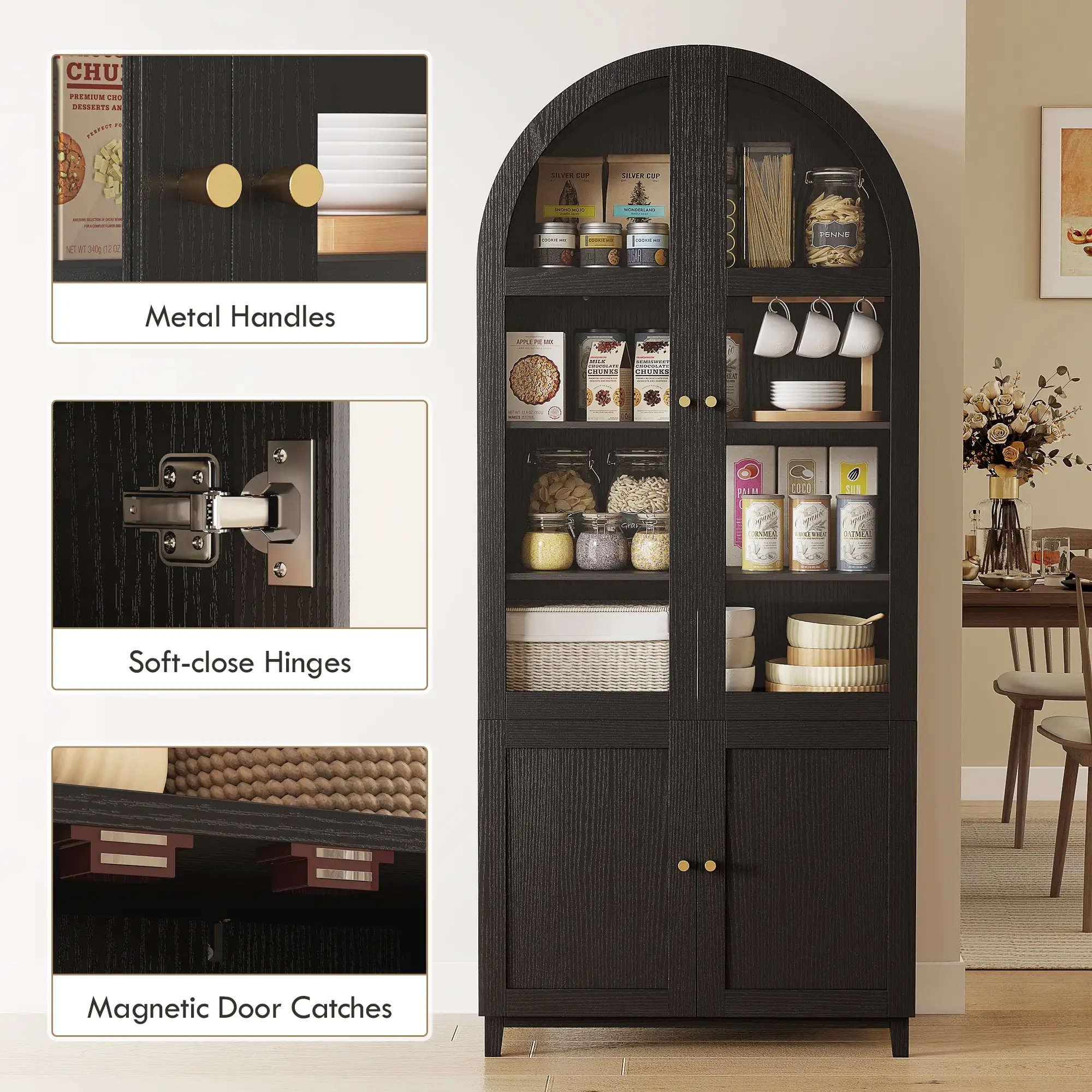 Arched Kitchen Pantry Cabinet, 71" Tall, Adjustable Shelves, Acrylic Doors, Black - Image 7