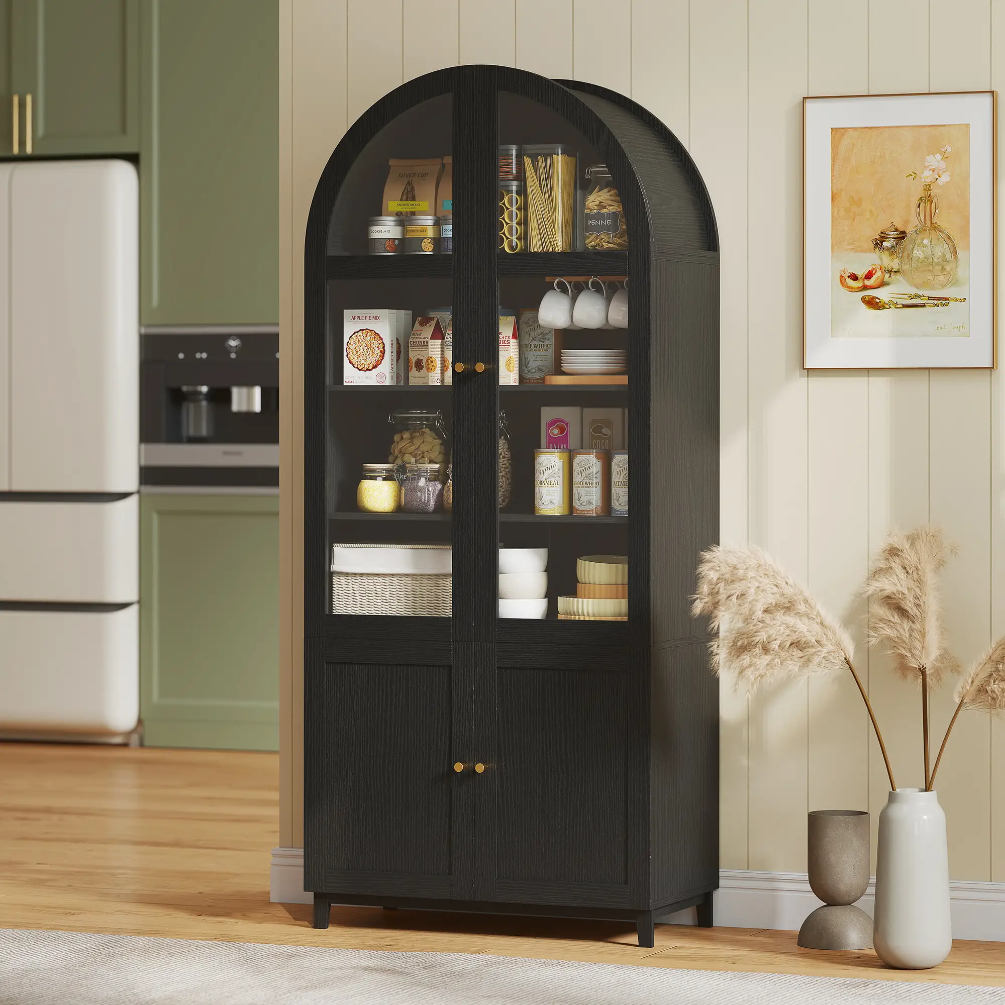 Arched Kitchen Pantry Cabinet, 71" Tall, Adjustable Shelves, Acrylic Doors, Black - Image 8