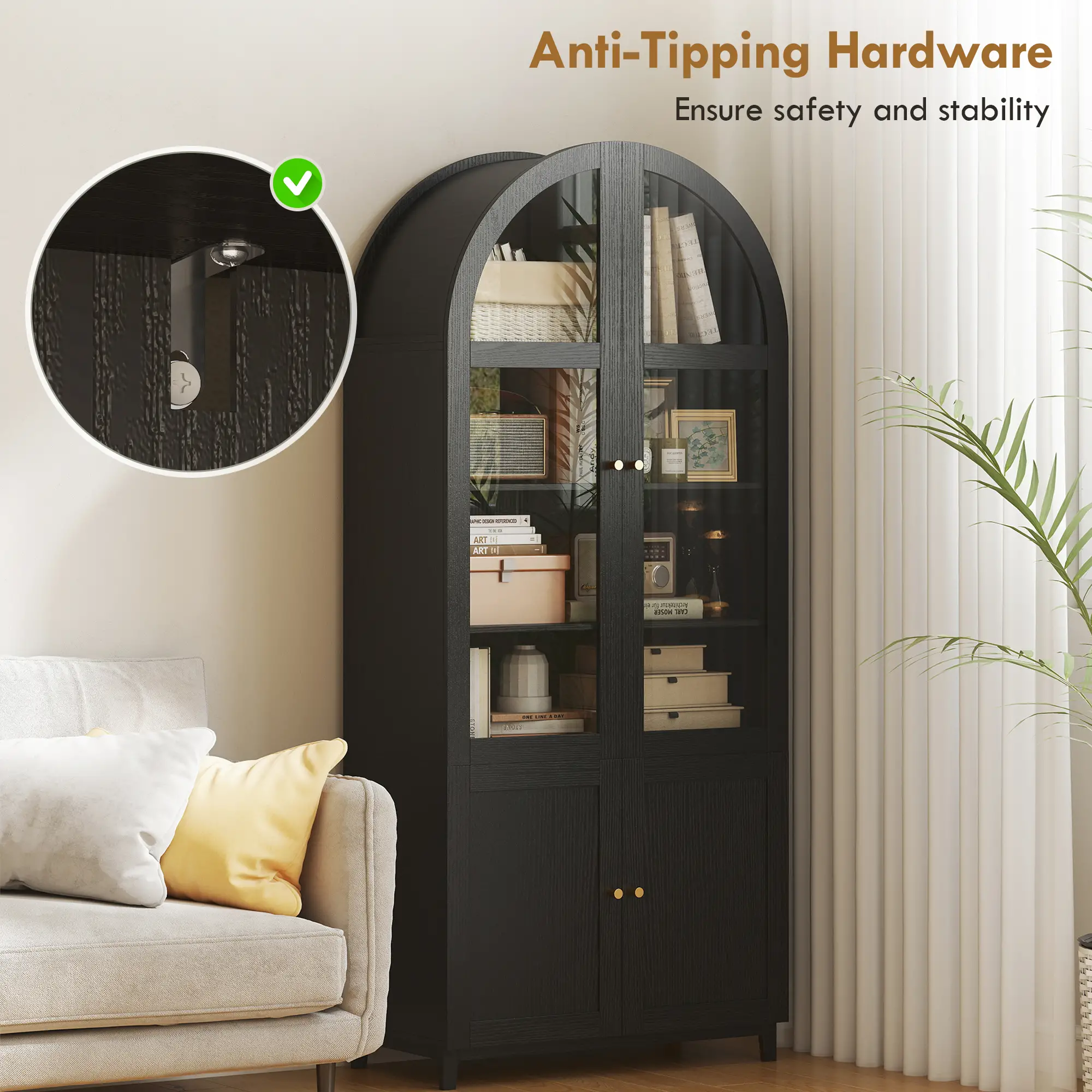 Arched Kitchen Pantry Cabinet, 71" Tall, Adjustable Shelves, Acrylic Doors, Black - Image 9
