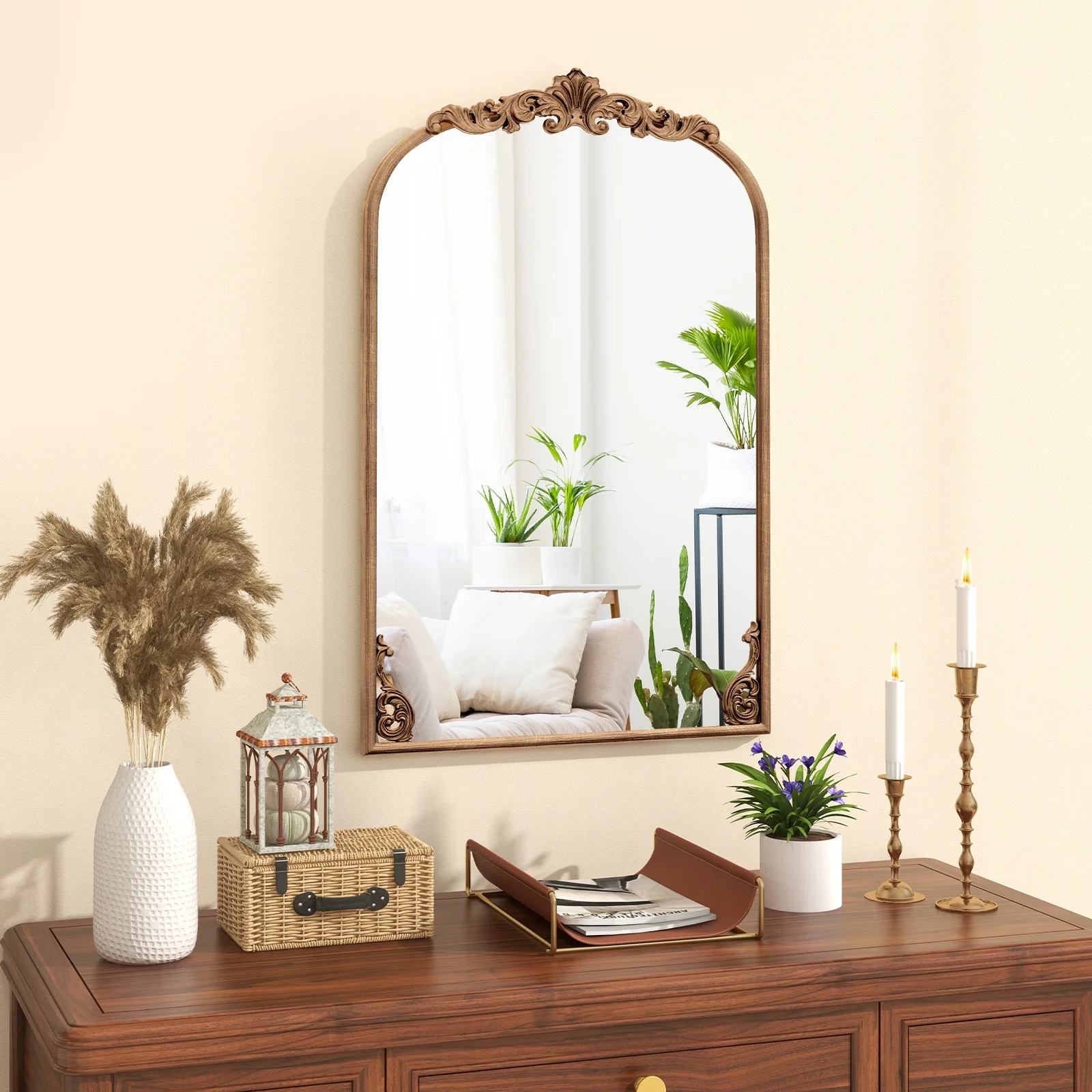 Arched Mirror, Vintage Ornate Baroque, Metal Frame, S, Gold - Image 3