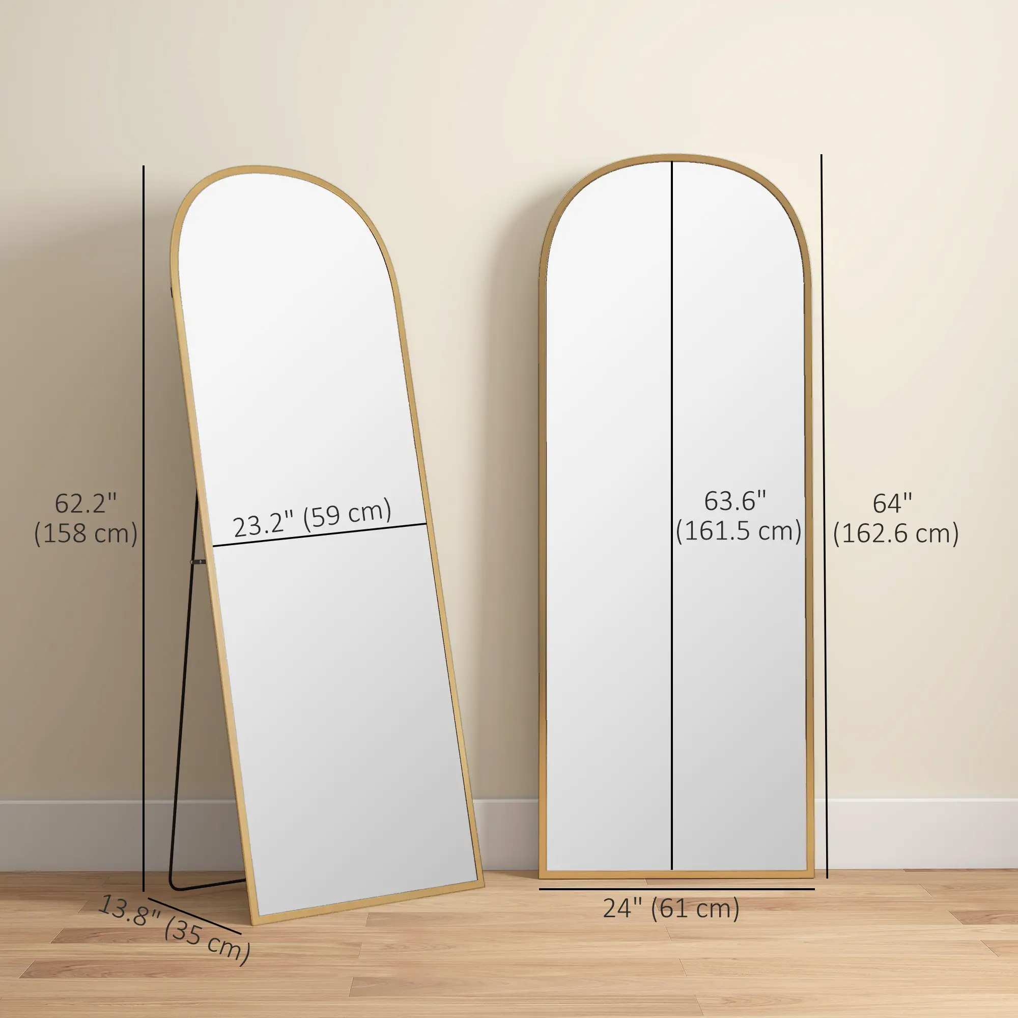 Arched Standing Mirror, 64" x 24", Full Length Mirror, Gold - Image 3